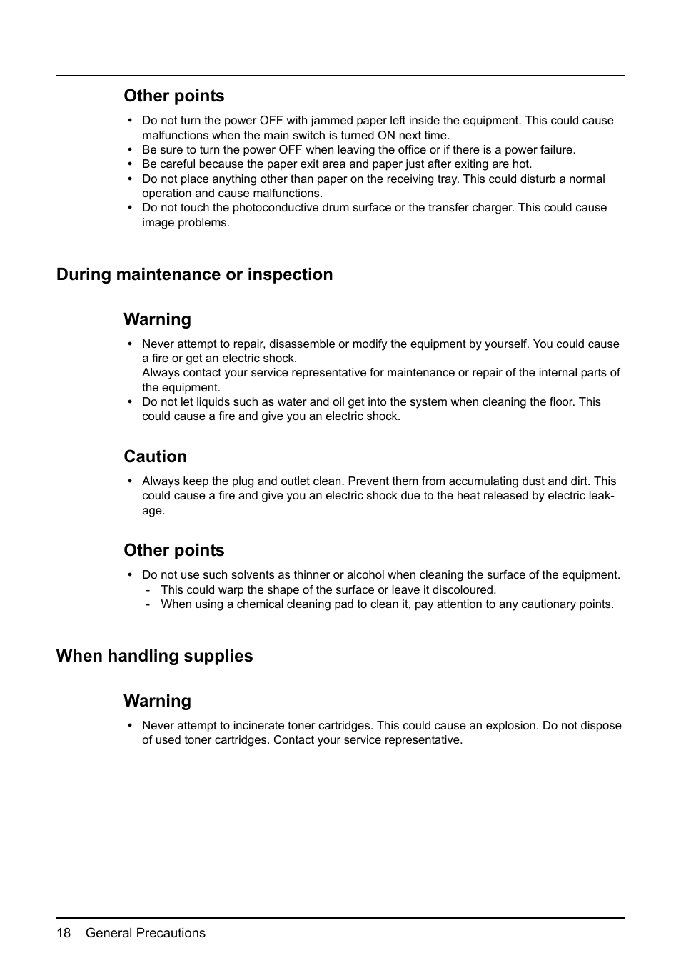 During maintenance or inspection, When handling supplies, Other points | During maintenance or inspection warning, Caution, When handling supplies warning | Toshiba e-STUDIO203 User Manual | Page 20 / 116