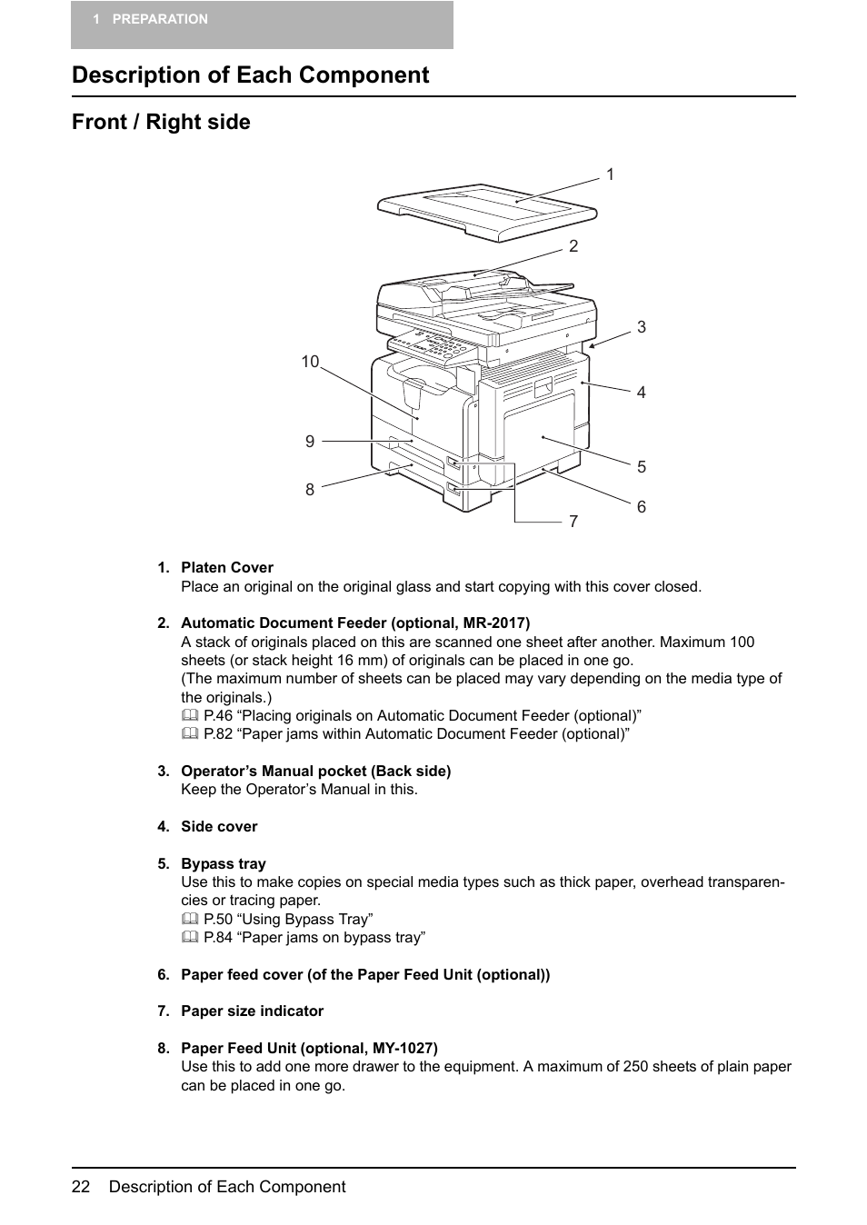 Description of each component, Front / right side | Toshiba e-STUDIO203 User Manual | Page 24 / 116