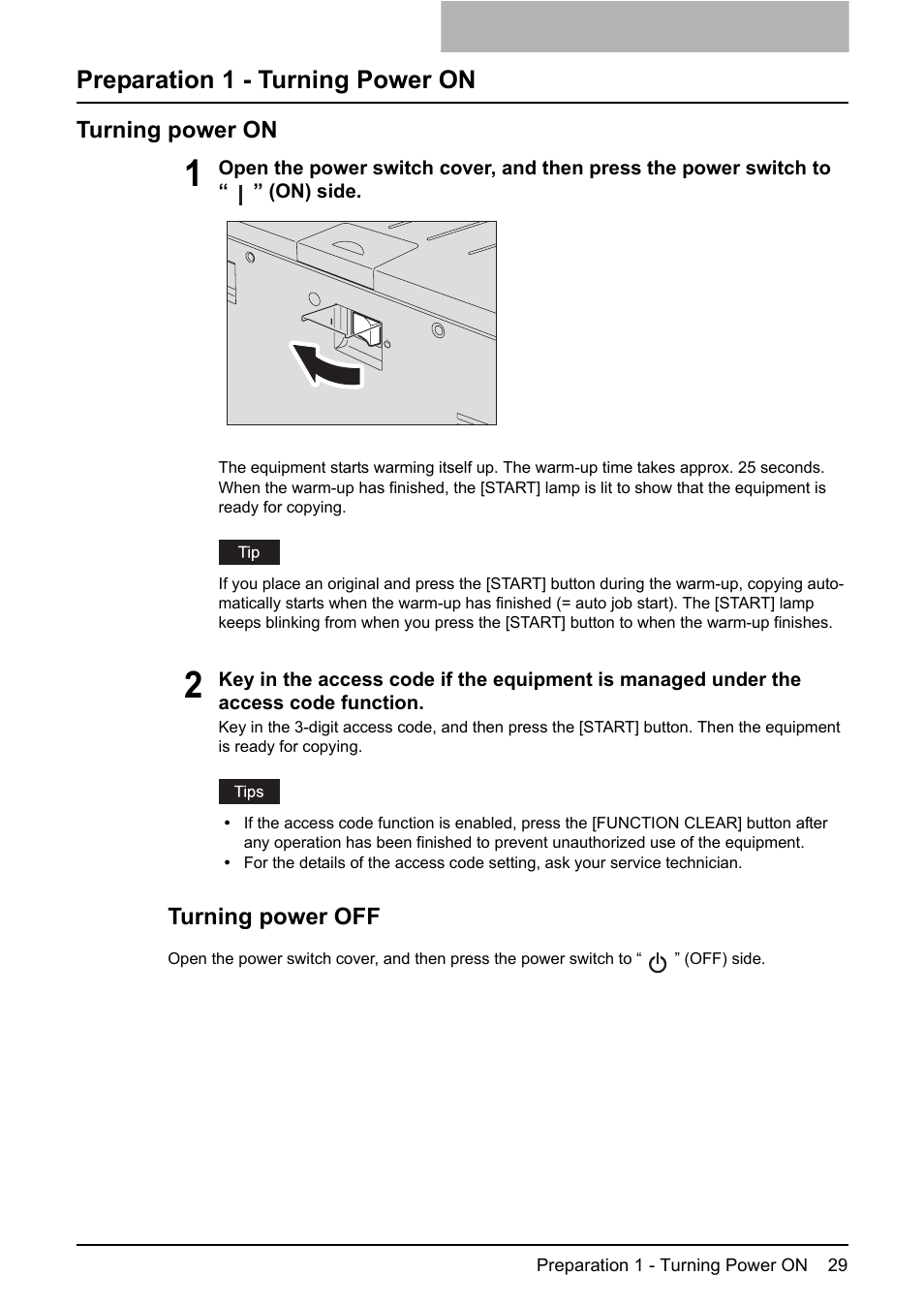 Preparation 1 - turning power on, Turning power on, P.29 “preparation 1 - turning power on | Toshiba e-STUDIO203 User Manual | Page 31 / 116