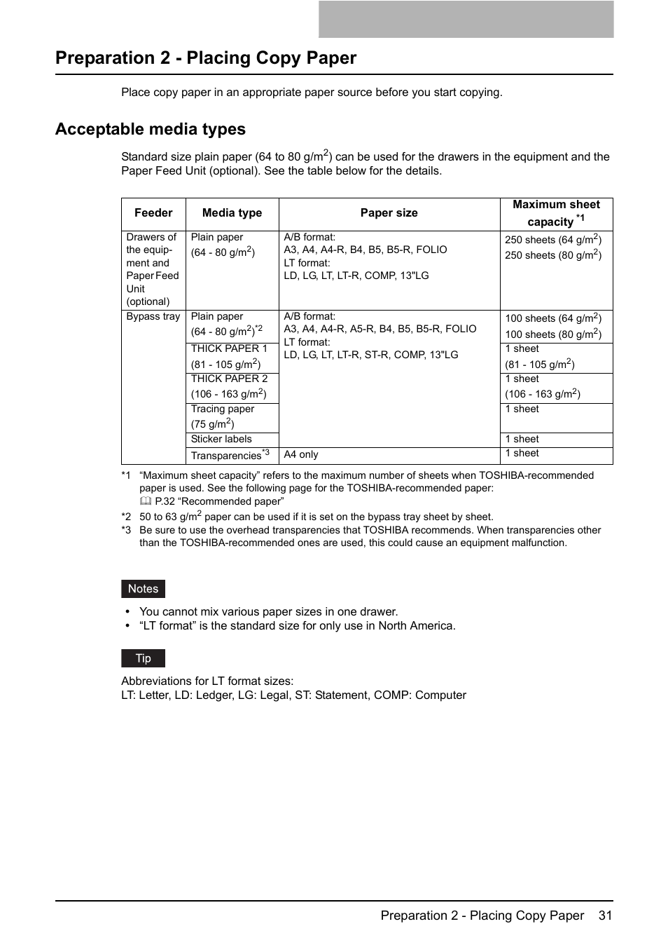 Preparation 2 - placing copy paper, Acceptable media types, P.31 “preparation 2 - placing copy paper | Preparation 2 - placing copy paper 31 | Toshiba e-STUDIO203 User Manual | Page 33 / 116