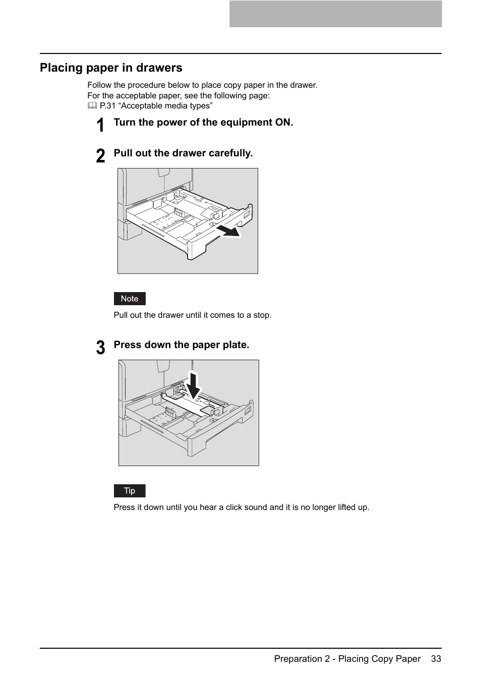 Placing paper in drawers | Toshiba e-STUDIO203 User Manual | Page 35 / 116