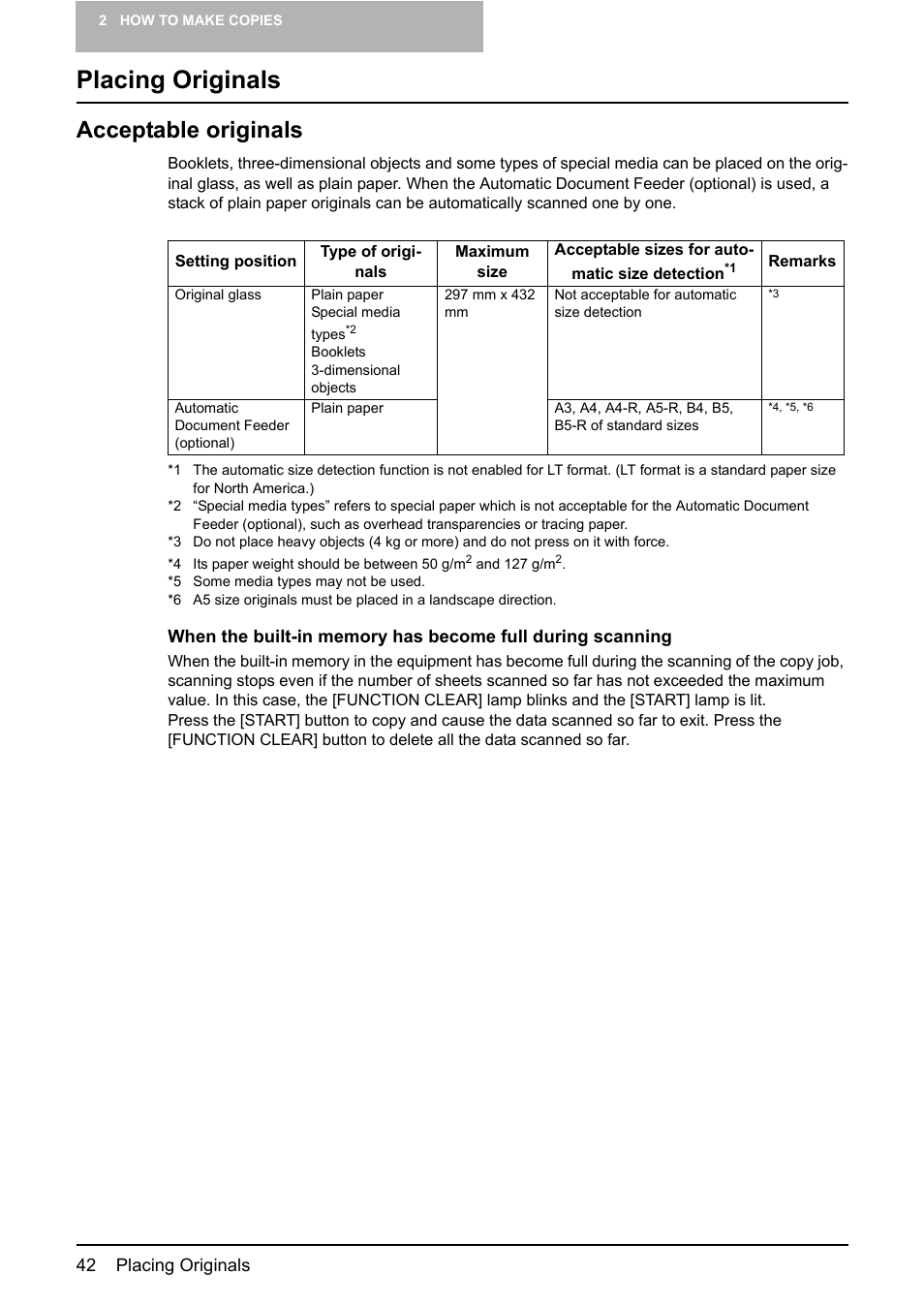 Placing originals, Acceptable originals, P.42 “placing originals | Toshiba e-STUDIO203 User Manual | Page 44 / 116