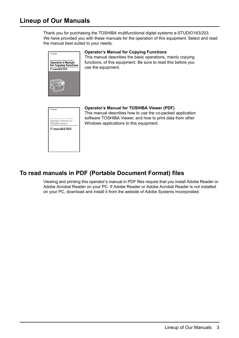 Lineup of our manuals | Toshiba e-STUDIO203 User Manual | Page 5 / 116