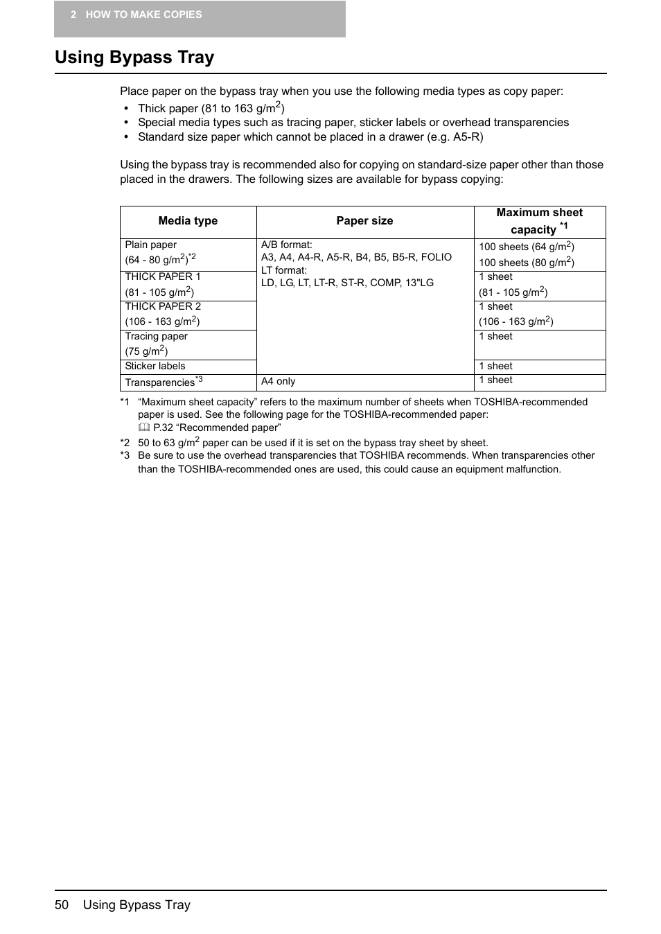 Using bypass tray, P.50 “using bypass tray, 50 using bypass tray | Toshiba e-STUDIO203 User Manual | Page 52 / 116