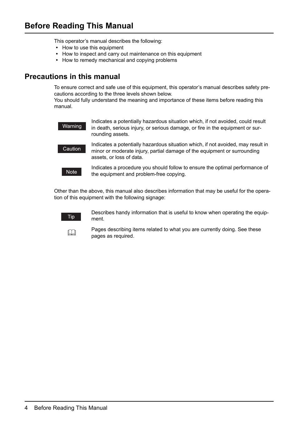 Before reading this manual, Precautions in this manual | Toshiba e-STUDIO203 User Manual | Page 6 / 116