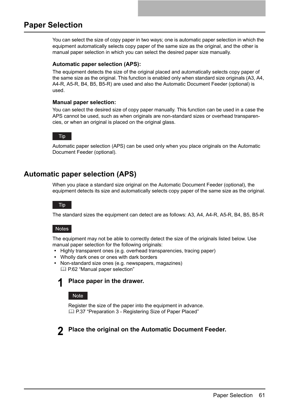 Paper selection, Automatic paper selection (aps), P.61 “paper selection | Toshiba e-STUDIO203 User Manual | Page 63 / 116