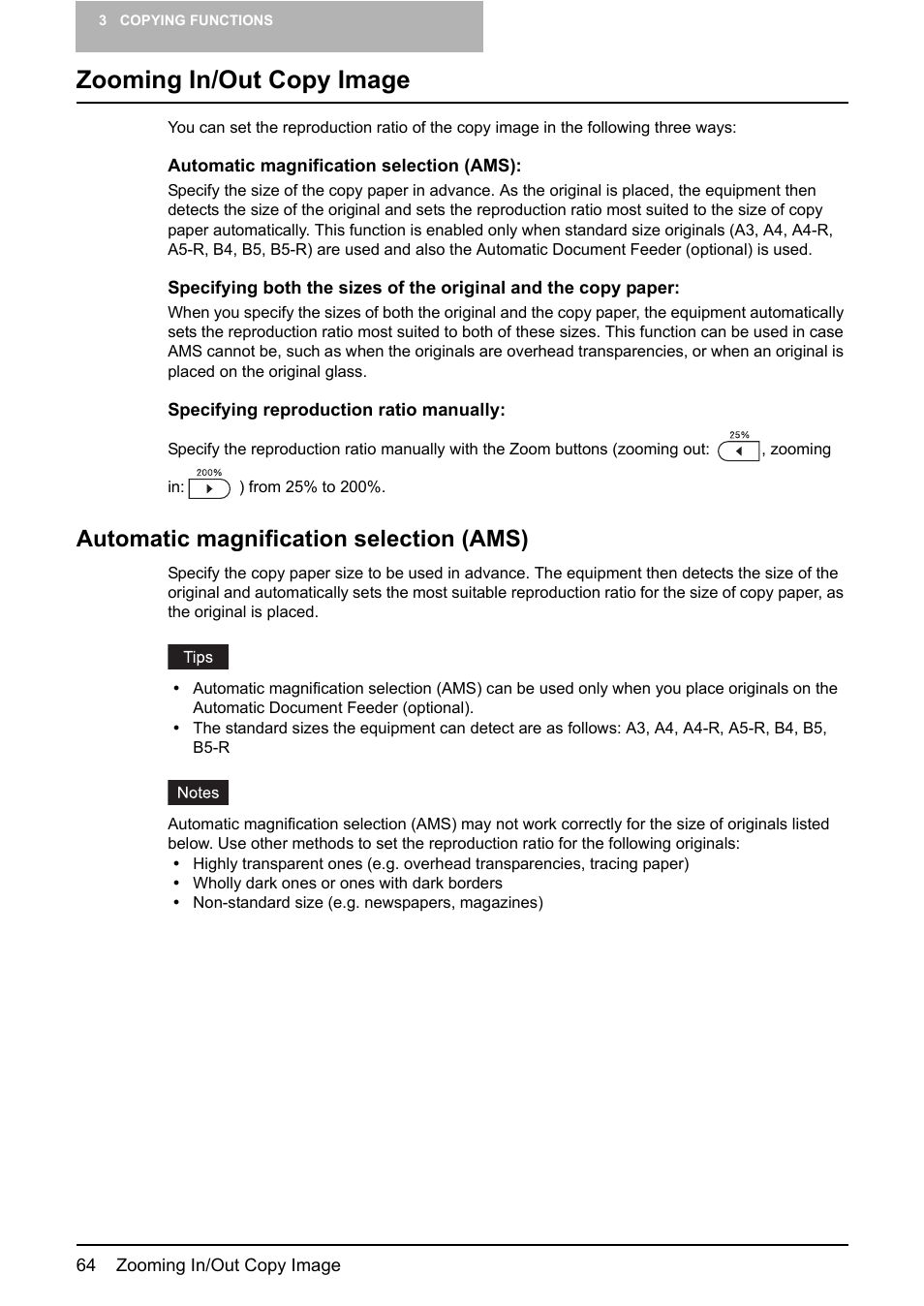 Zooming in/out copy image, Automatic magnification selection (ams), P.64 “zooming in/out copy image | P.64 “automatic magnification selection (ams) | Toshiba e-STUDIO203 User Manual | Page 66 / 116