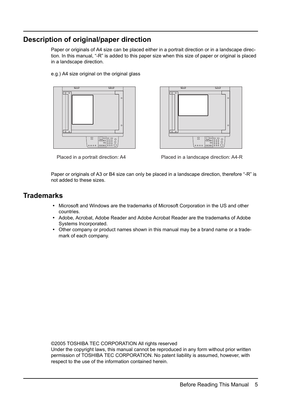 Description of original/paper direction, Trademarks | Toshiba e-STUDIO203 User Manual | Page 7 / 116