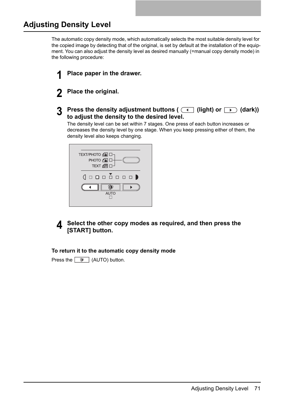 Adjusting density level, P.71 “adjusting density level | Toshiba e-STUDIO203 User Manual | Page 73 / 116