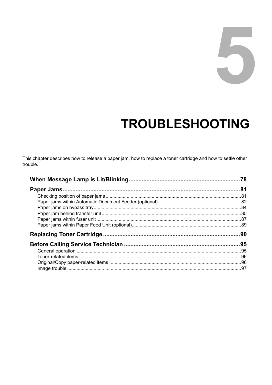 Troubleshooting, Chapter 5 | Toshiba e-STUDIO203 User Manual | Page 79 / 116