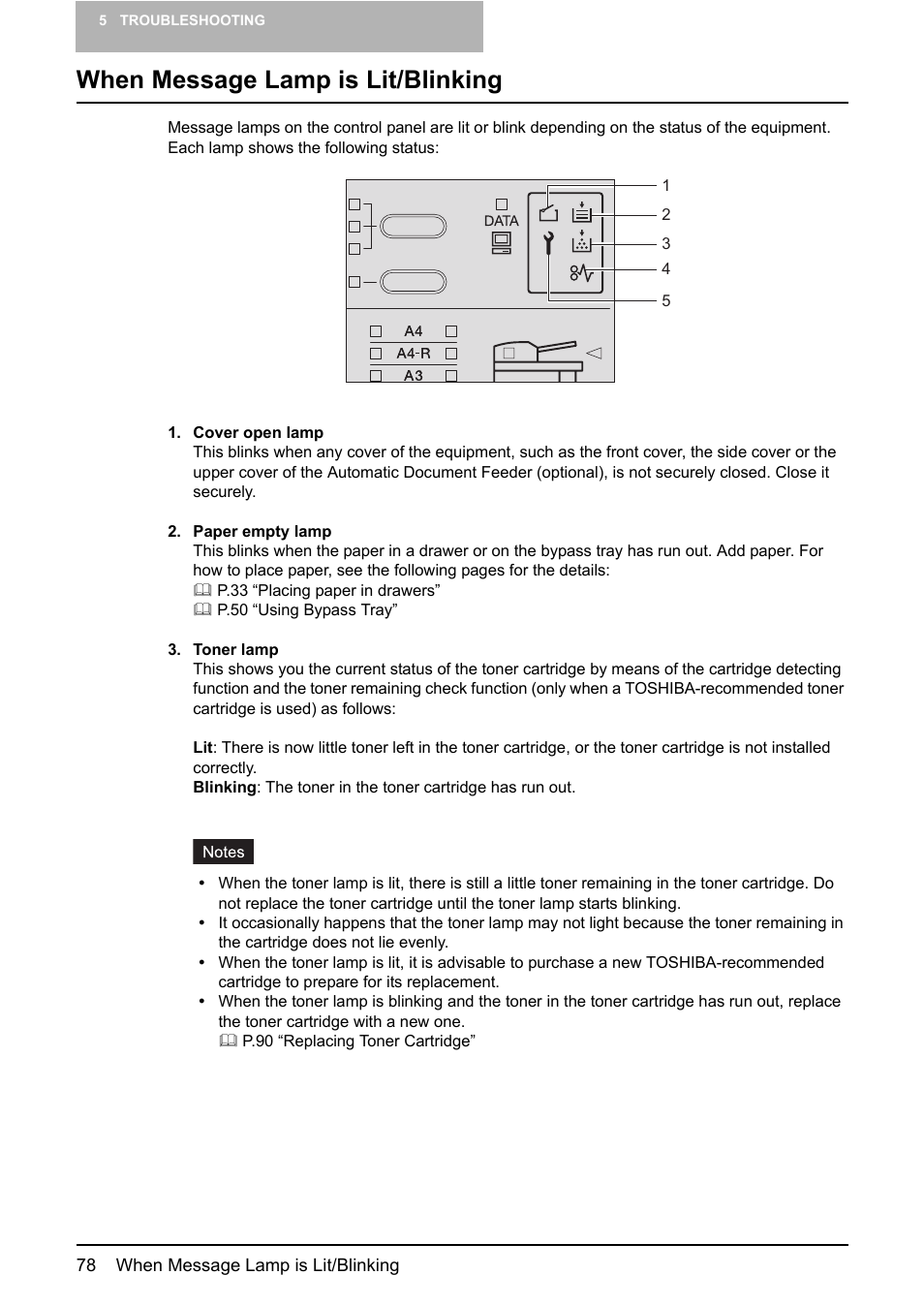 When message lamp is lit/blinking, P.78 “when message lamp is lit/blinking | Toshiba e-STUDIO203 User Manual | Page 80 / 116