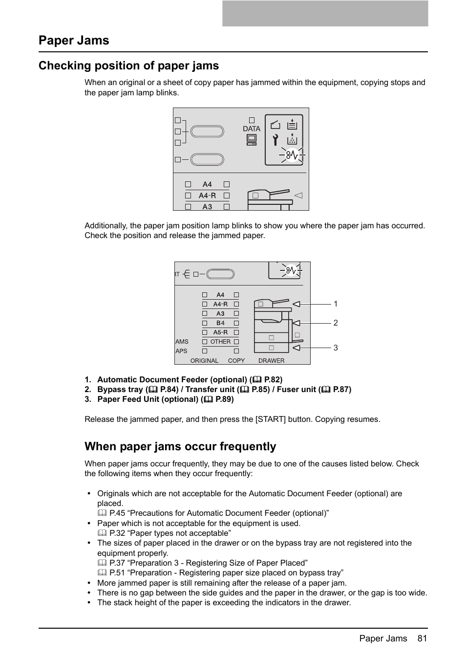 Paper jams, Checking position of paper jams, P.81 “paper jams | When paper jams occur frequently | Toshiba e-STUDIO203 User Manual | Page 83 / 116