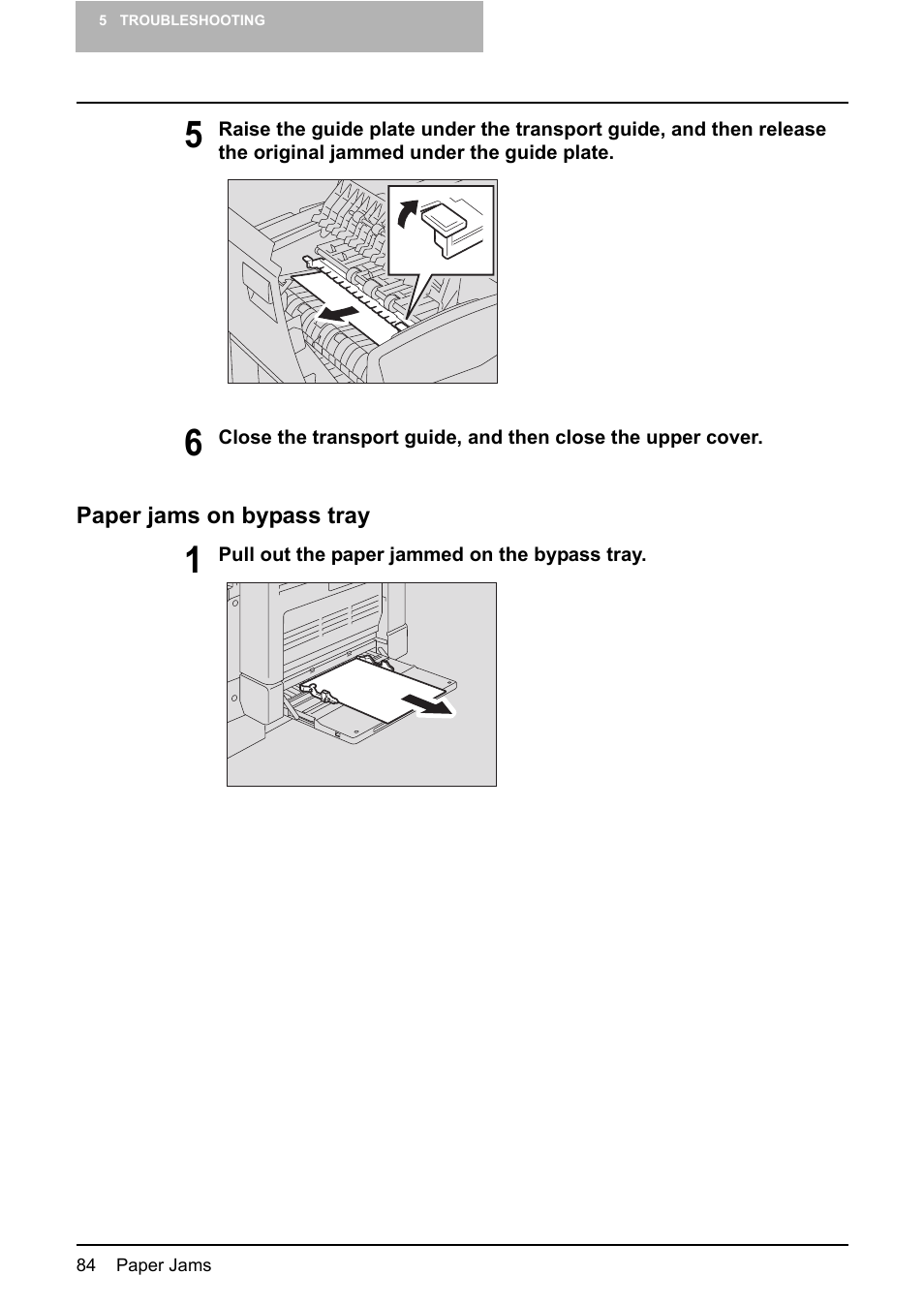 Paper jams on bypass tray, P.84 “paper jams on bypass tray, P.84) | Toshiba e-STUDIO203 User Manual | Page 86 / 116