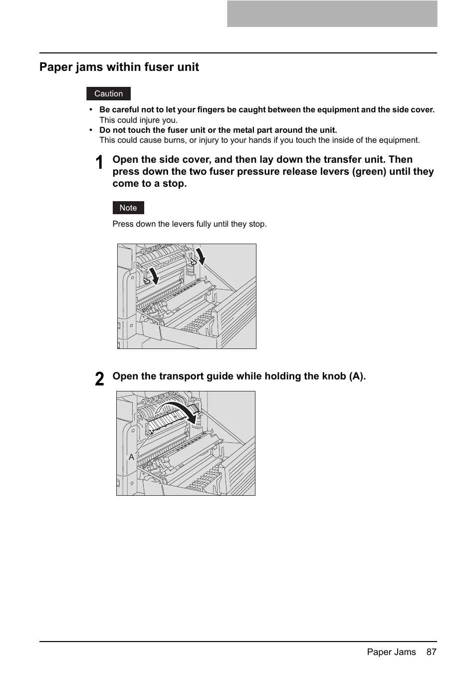 Paper jams within fuser unit, It ( p.87) | Toshiba e-STUDIO203 User Manual | Page 89 / 116