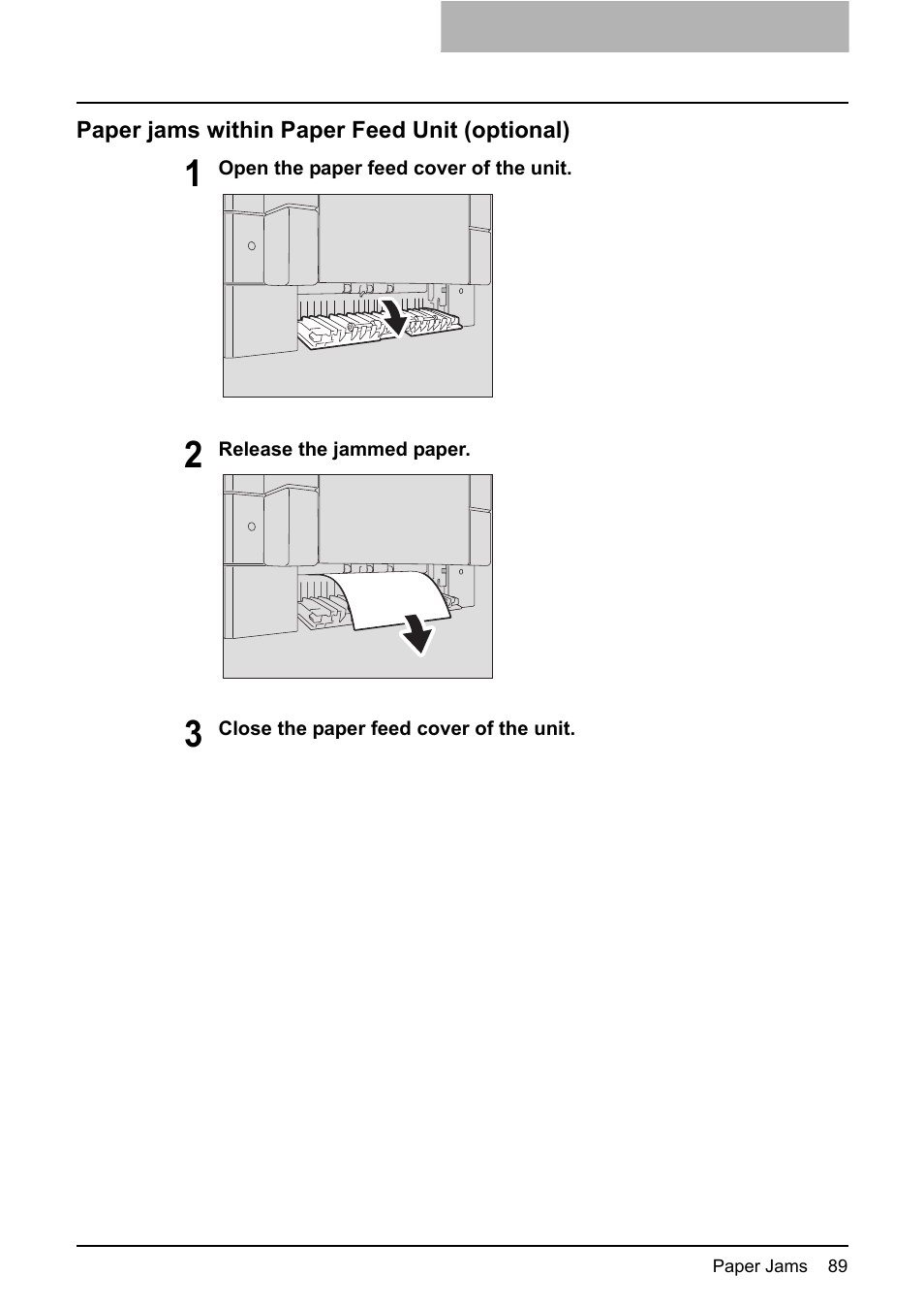 Paper jams within paper feed unit (optional), P.89 | Toshiba e-STUDIO203 User Manual | Page 91 / 116