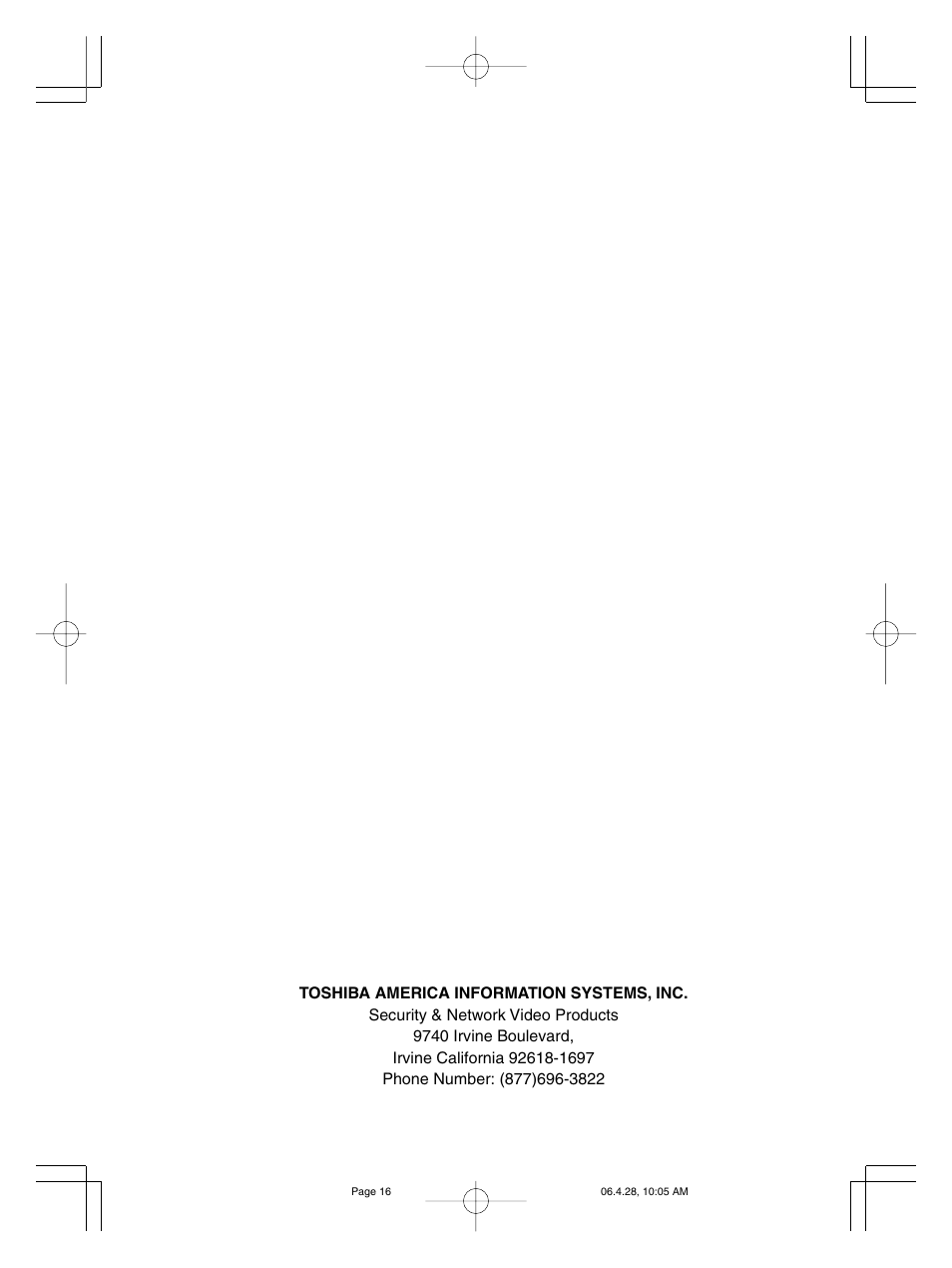 Toshiba america information systems, inc | Toshiba IK-WB15A User Manual | Page 16 / 16
