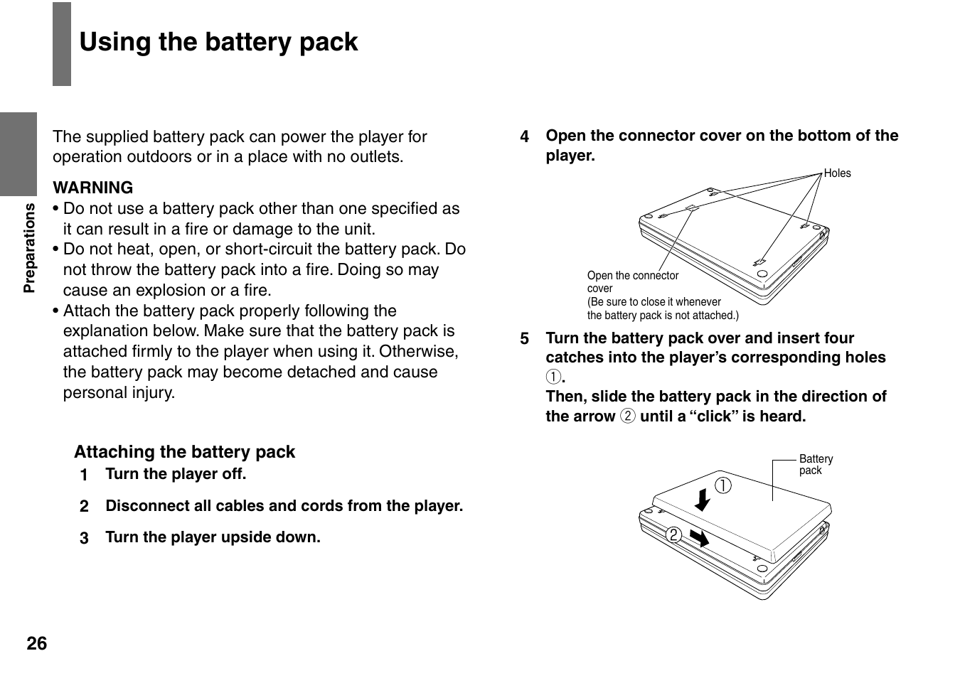 Using the battery pack | Toshiba SD-P1900SR User Manual | Page 26 / 76