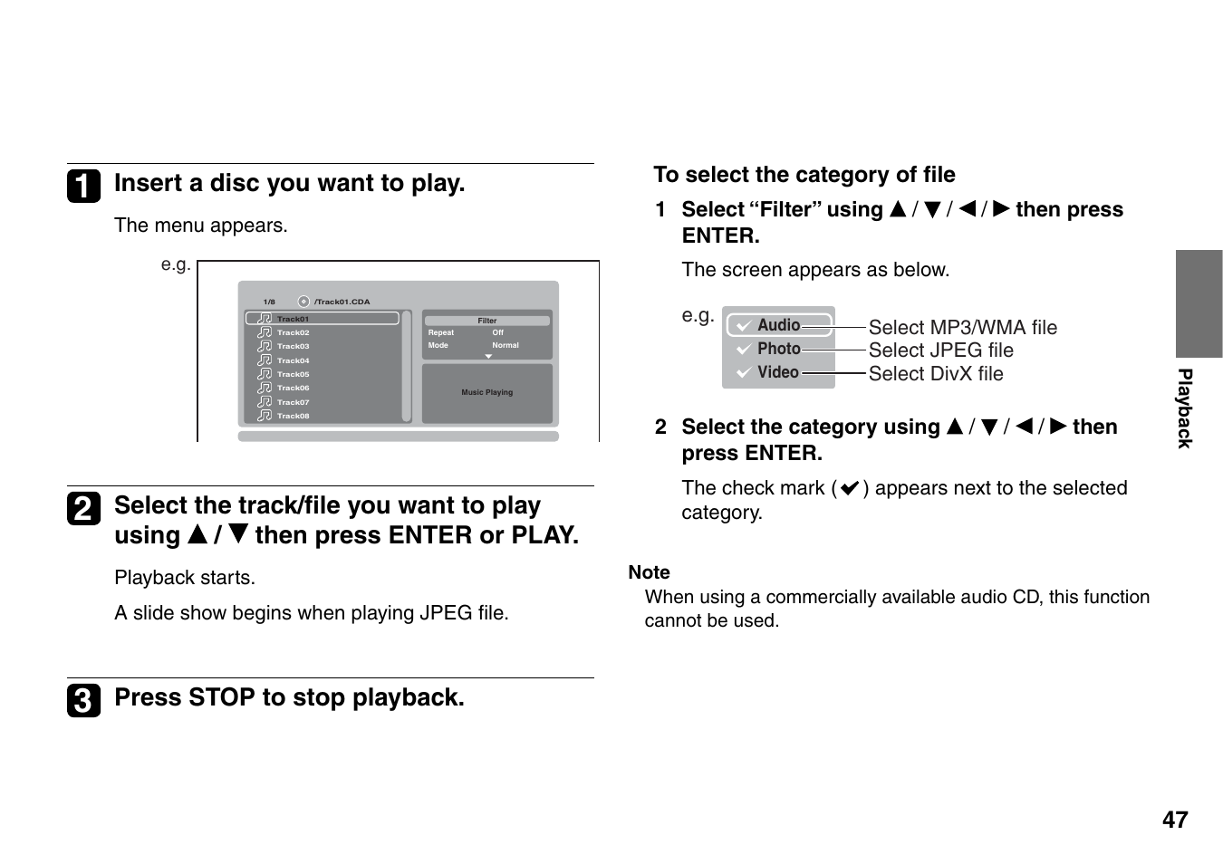 Insert a disc you want to play, Press stop to stop playback, 1 select “filter” using / / / then press enter | 2 select the category using / / / then press enter | Toshiba SD-P1900SR User Manual | Page 47 / 76