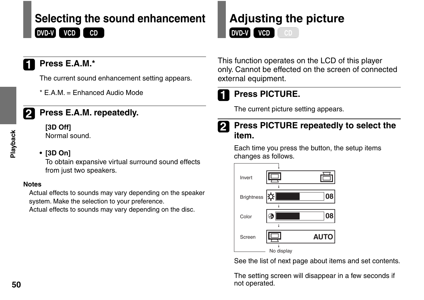 Selecting the sound enhancement, Adjusting the picture | Toshiba SD-P1900SR User Manual | Page 50 / 76