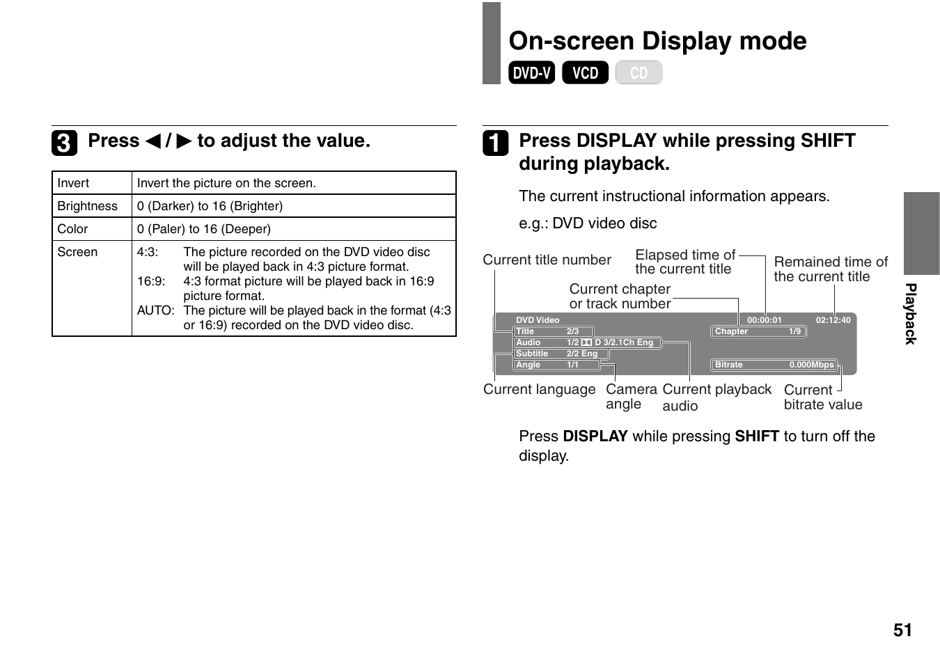 On-screen display mode, Press display while pressing shift during playback, Press / to adjust the value | Toshiba SD-P1900SR User Manual | Page 51 / 76