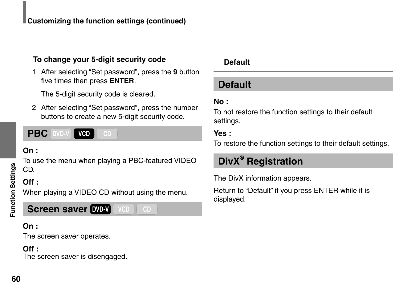 Screen saver, Default, Divx | Registration | Toshiba SD-P1900SR User Manual | Page 60 / 76