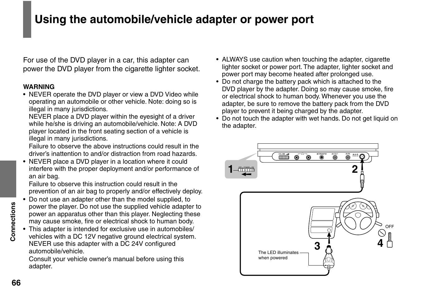 Using the automobile/vehicle adapter or power port | Toshiba SD-P1900SR User Manual | Page 66 / 76