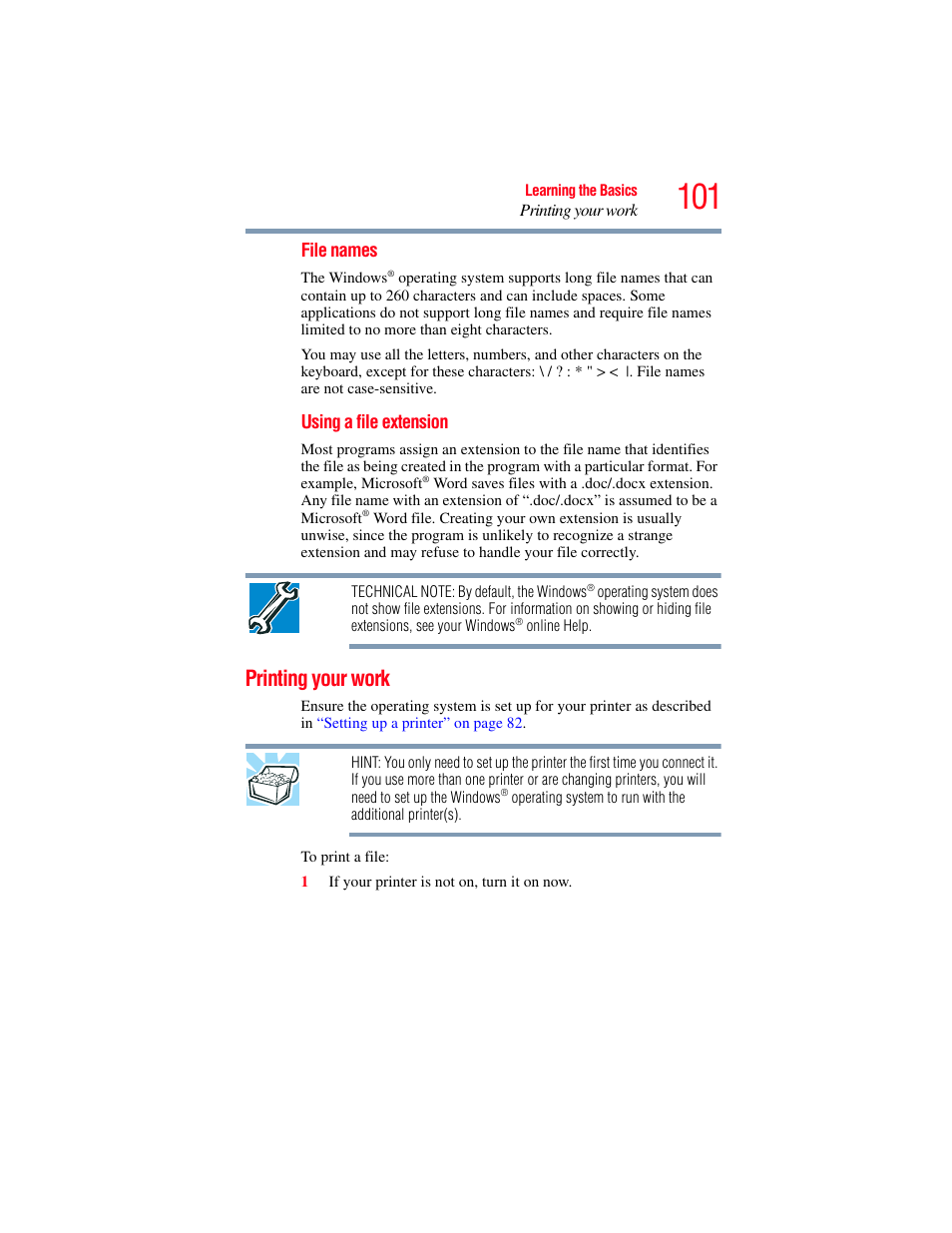 Printing your work | Toshiba SATELLITE A500 User Manual | Page 101 / 248