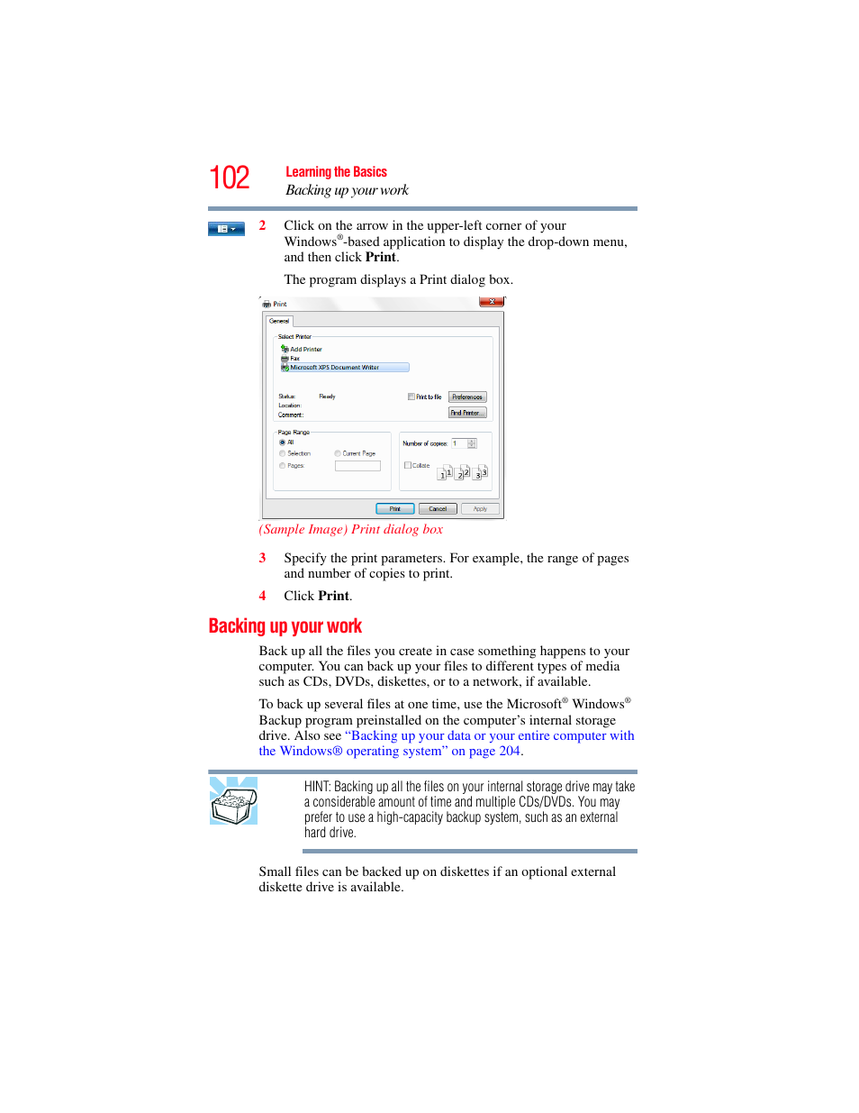 Backing up your work | Toshiba SATELLITE A500 User Manual | Page 102 / 248