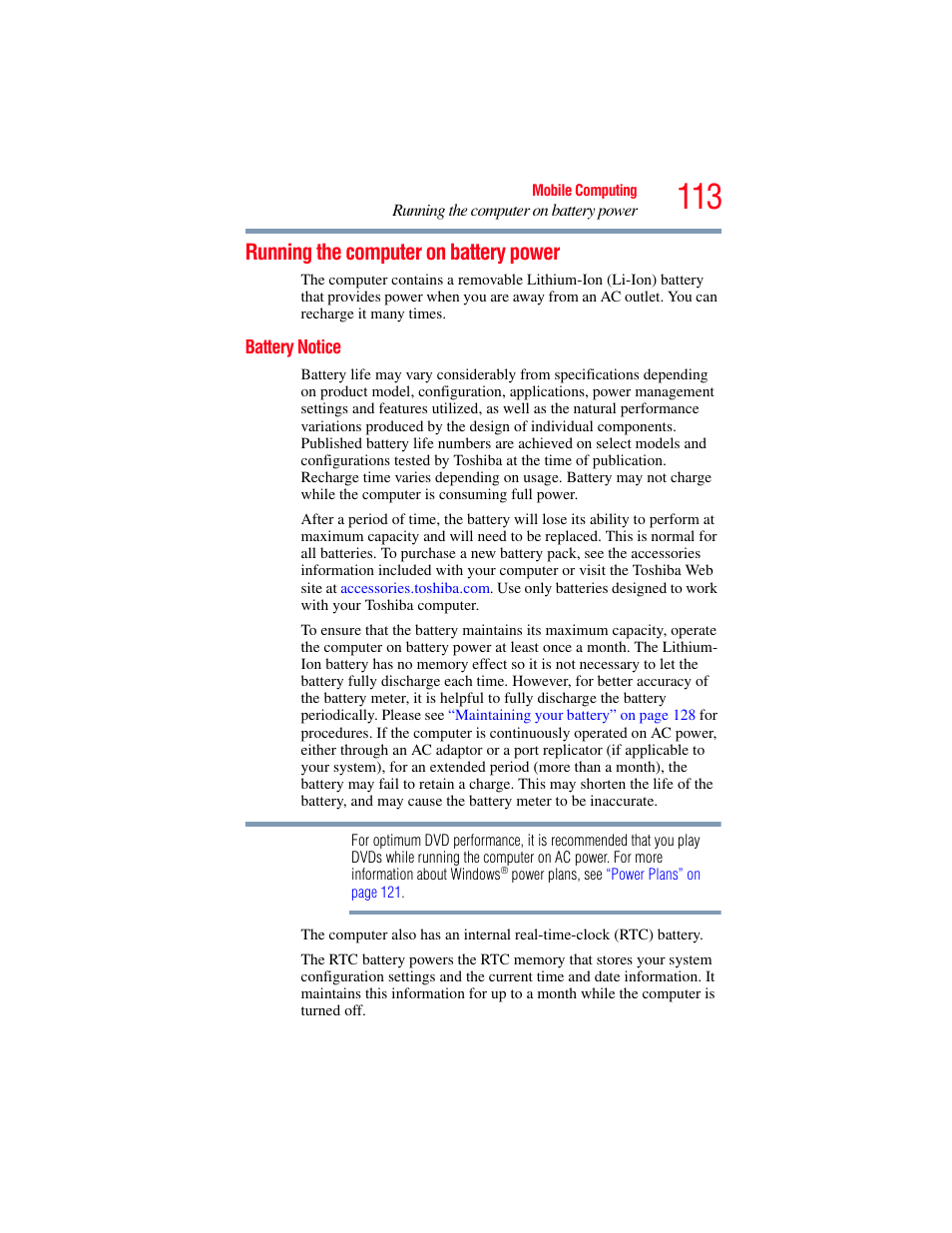 Running the computer on battery power, Battery notice | Toshiba SATELLITE A500 User Manual | Page 113 / 248