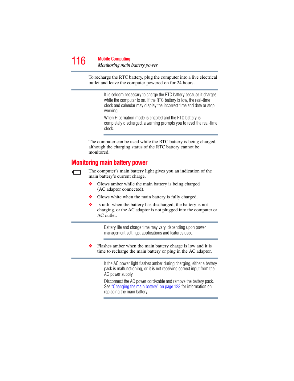 Monitoring main battery power | Toshiba SATELLITE A500 User Manual | Page 116 / 248