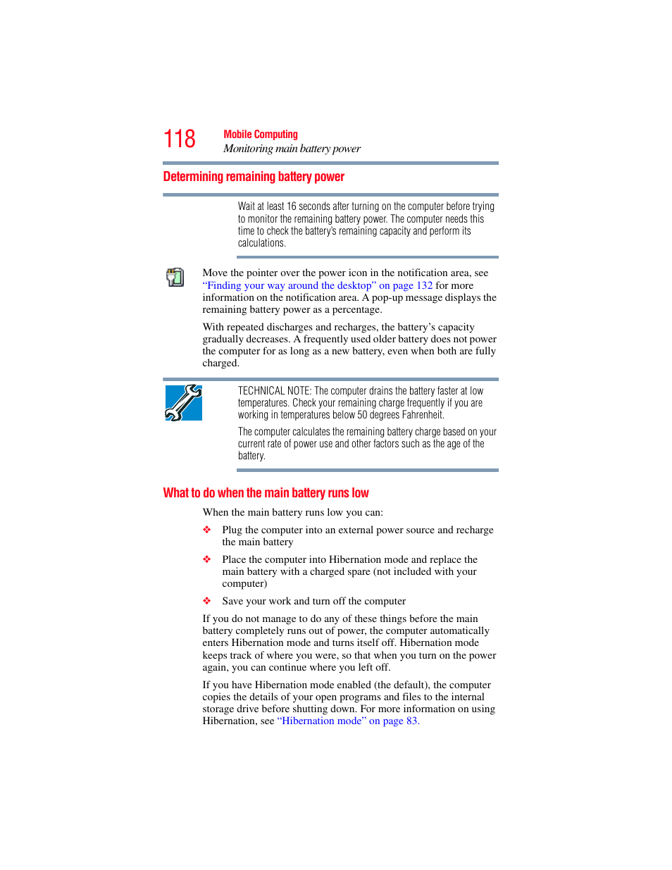 Determining remaining battery power, What to do when the main battery runs low | Toshiba SATELLITE A500 User Manual | Page 118 / 248