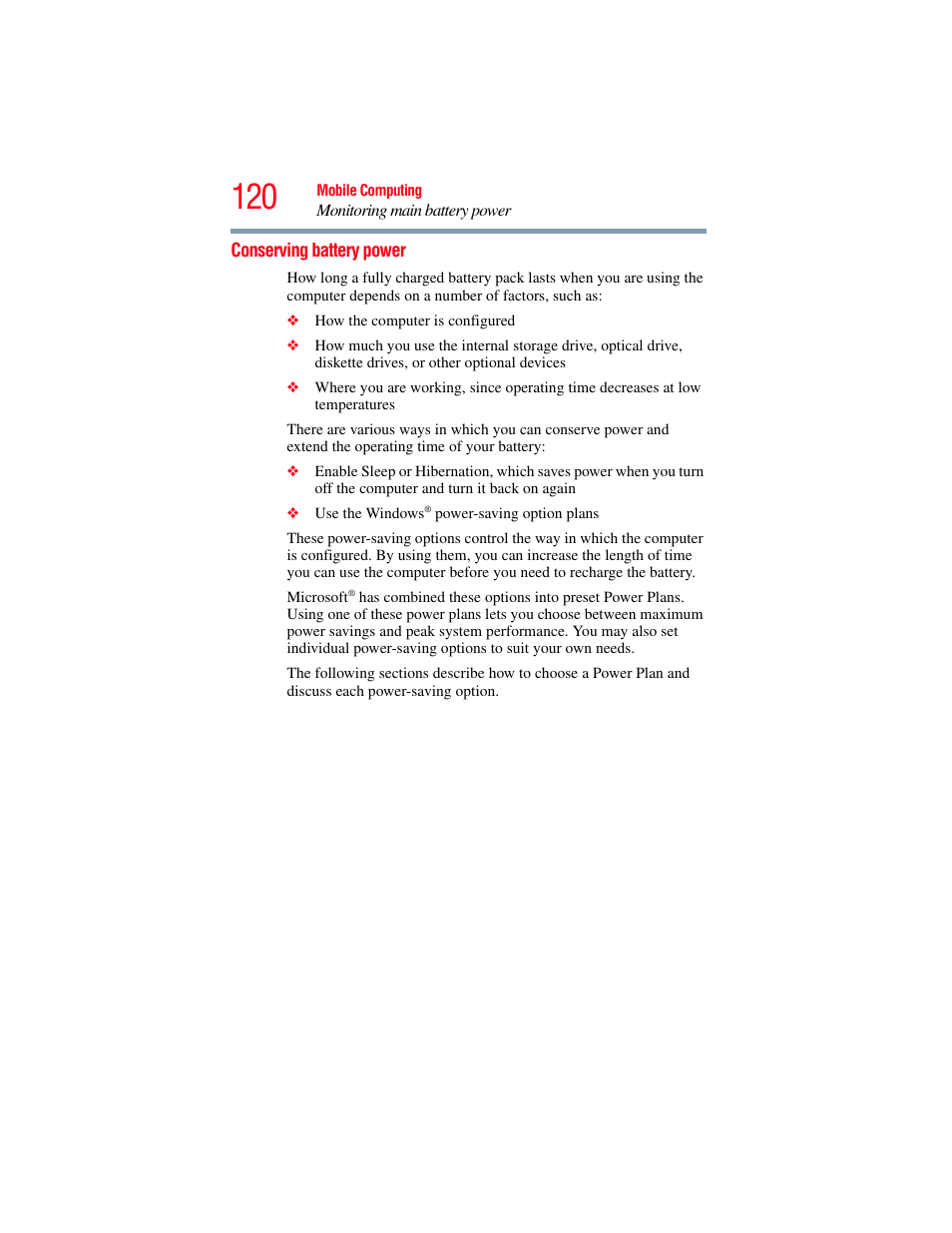 Conserving battery power | Toshiba SATELLITE A500 User Manual | Page 120 / 248