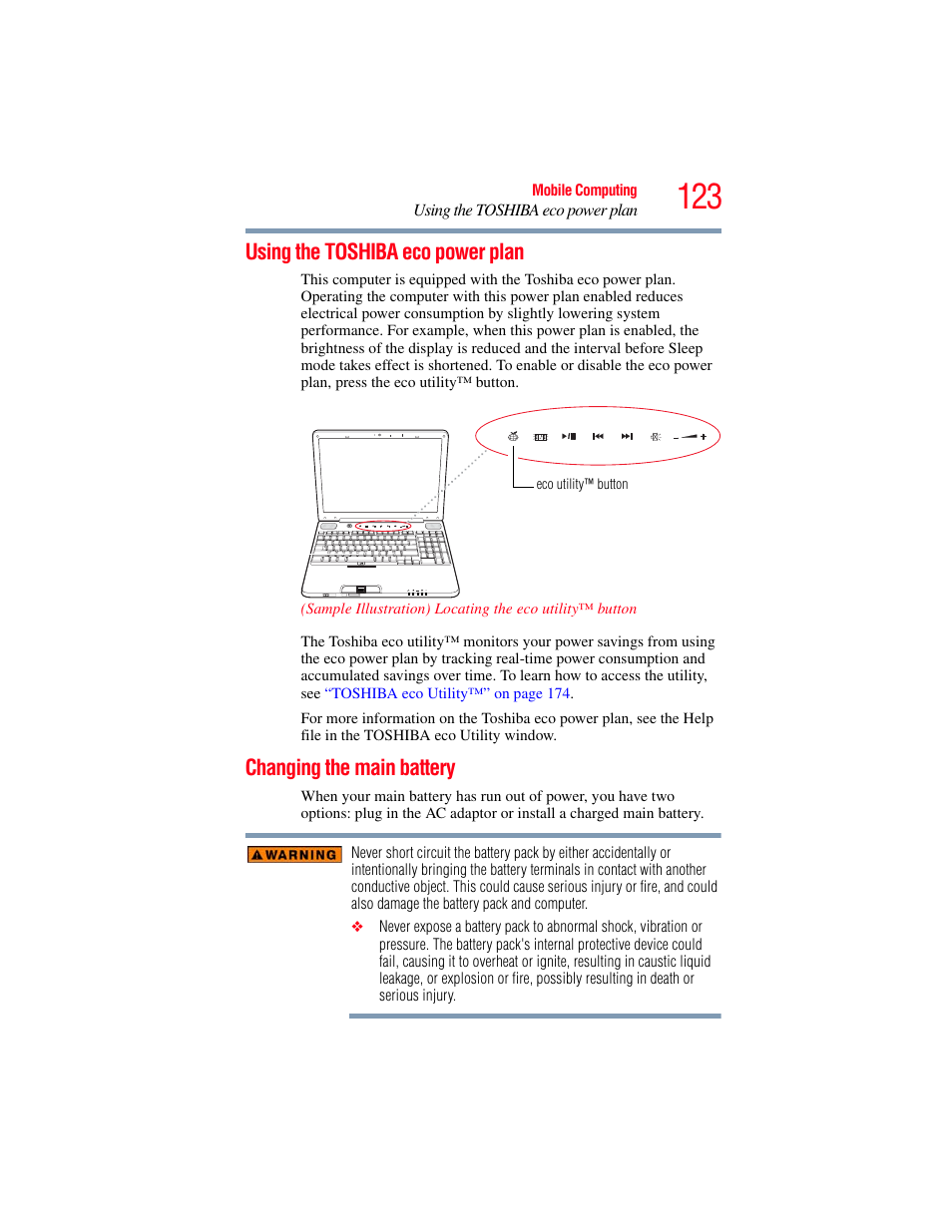 Using the toshiba eco power plan, Changing the main battery | Toshiba SATELLITE A500 User Manual | Page 123 / 248