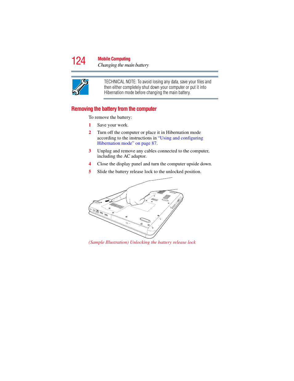 Removing the battery from the computer | Toshiba SATELLITE A500 User Manual | Page 124 / 248