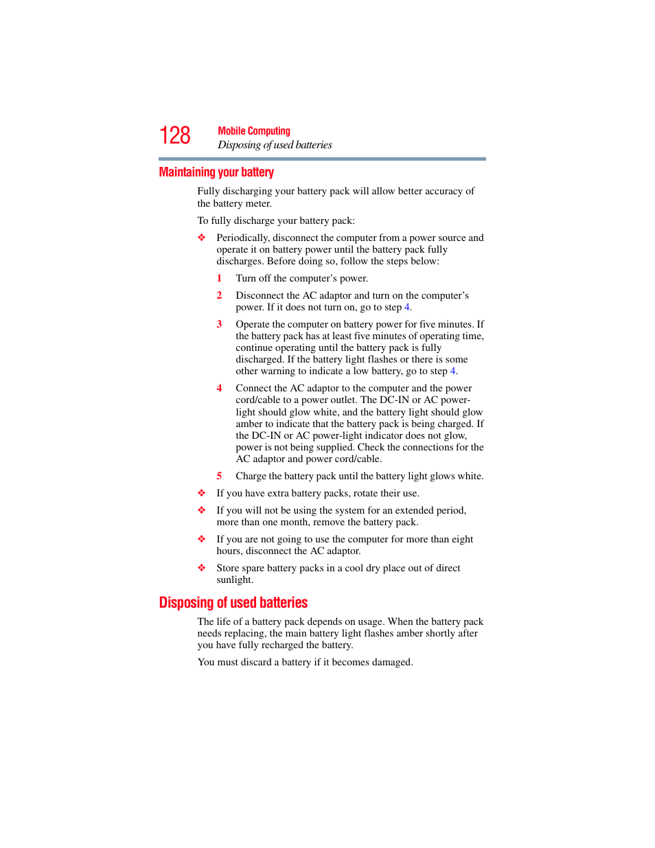 Maintaining your battery, Disposing of used batteries | Toshiba SATELLITE A500 User Manual | Page 128 / 248