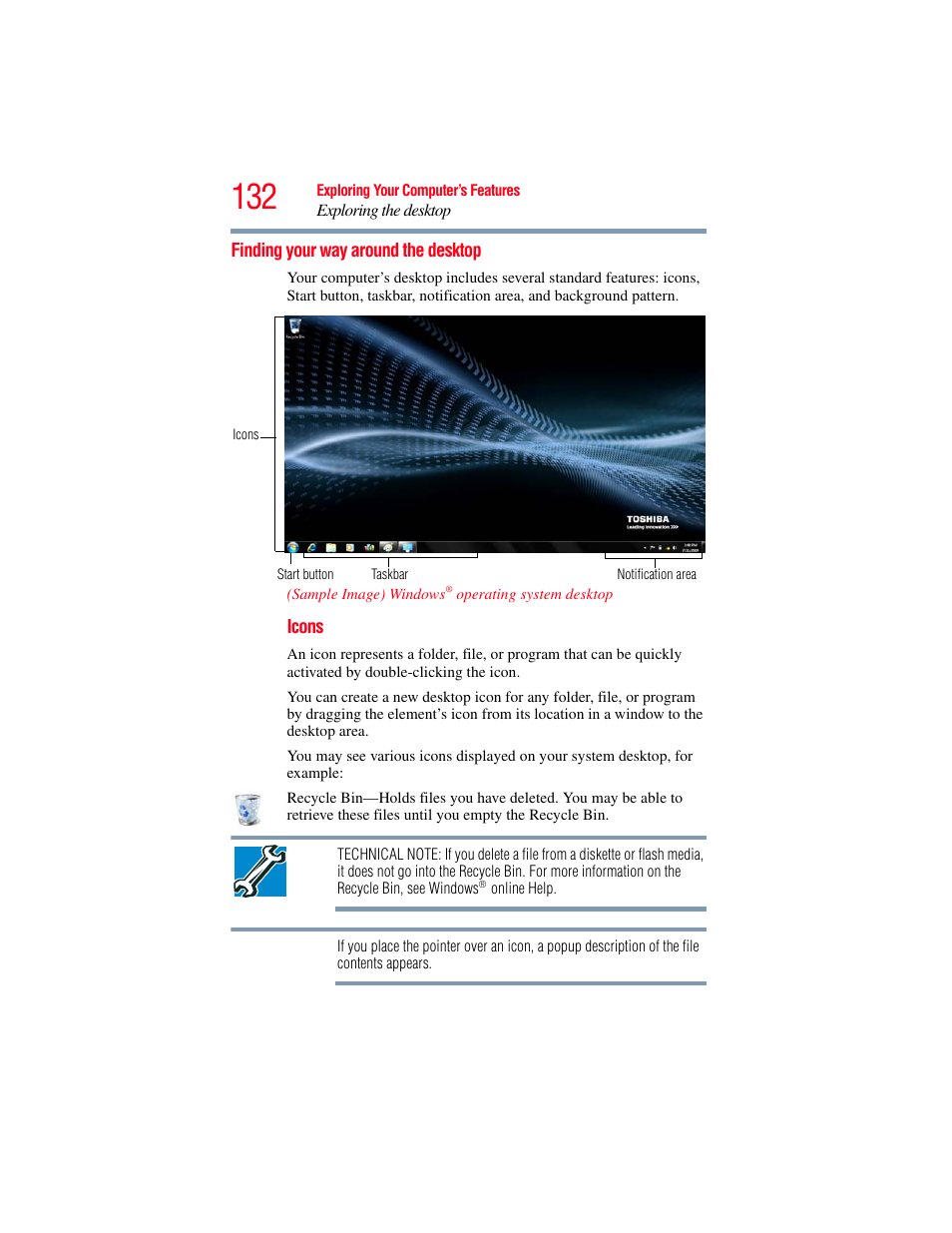 Finding your way around the desktop | Toshiba SATELLITE A500 User Manual | Page 132 / 248