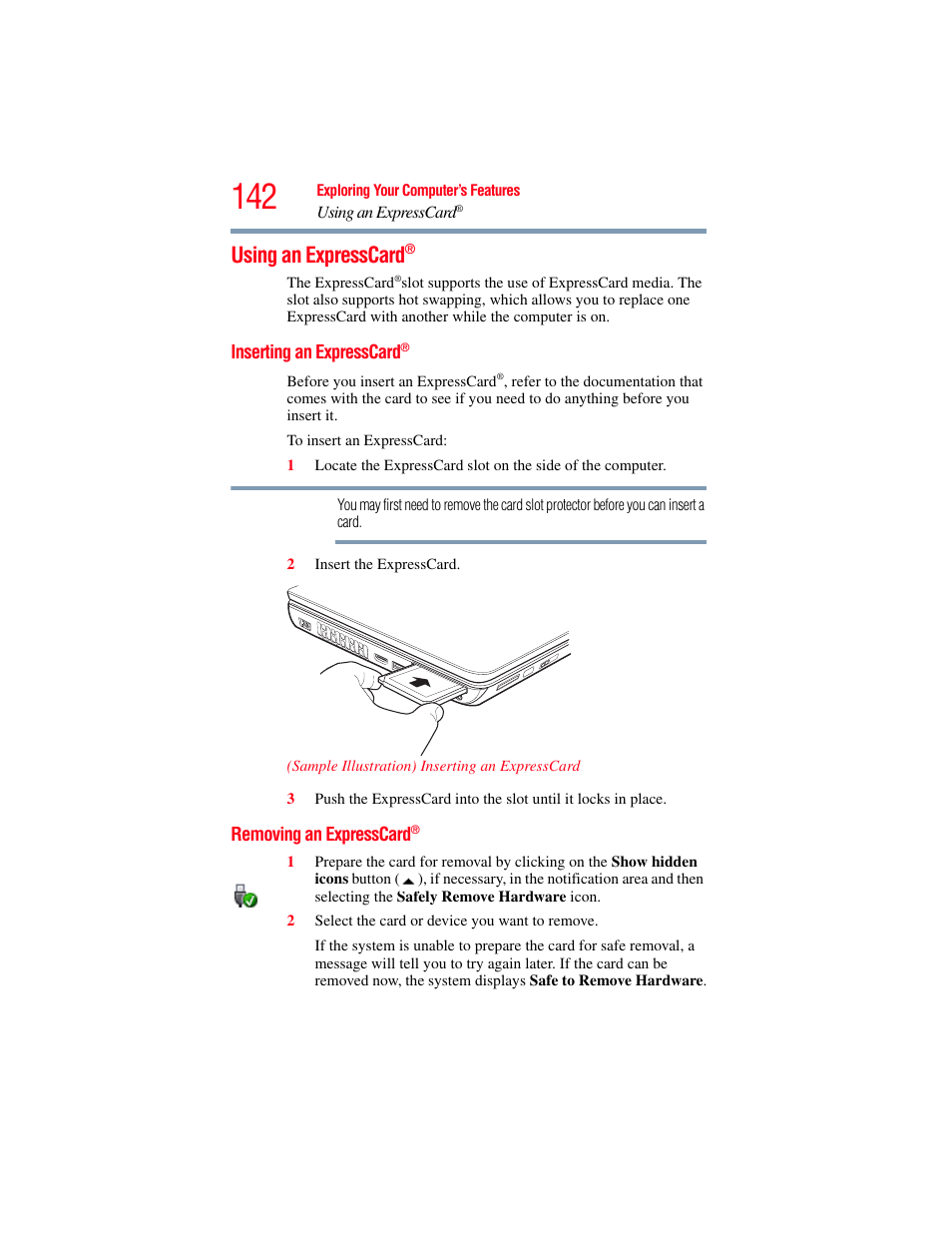 Using an expresscard, Inserting an expresscard, Removing an expresscard | Using an expresscard®” on | Toshiba SATELLITE A500 User Manual | Page 142 / 248