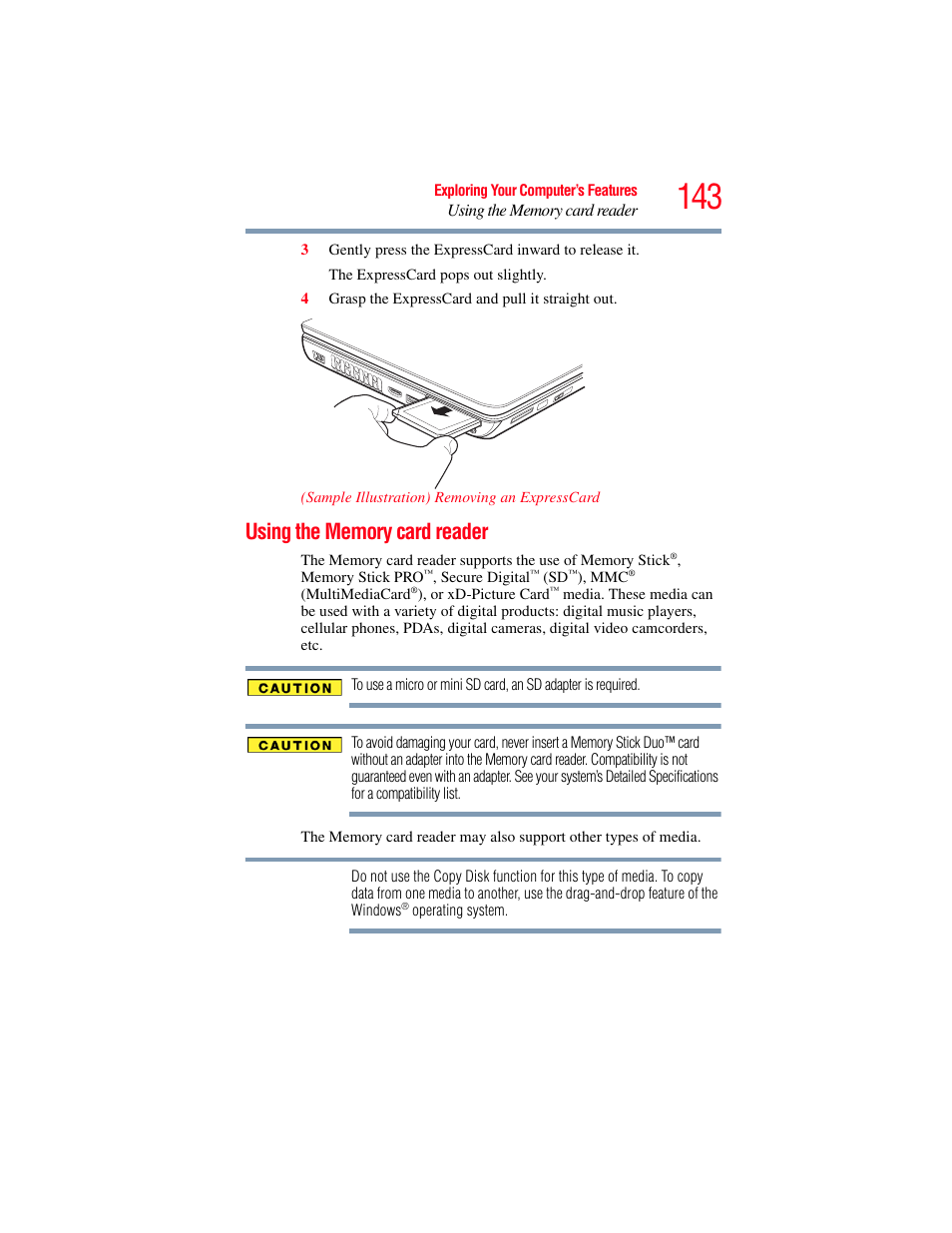 Using the memory card reader | Toshiba SATELLITE A500 User Manual | Page 143 / 248