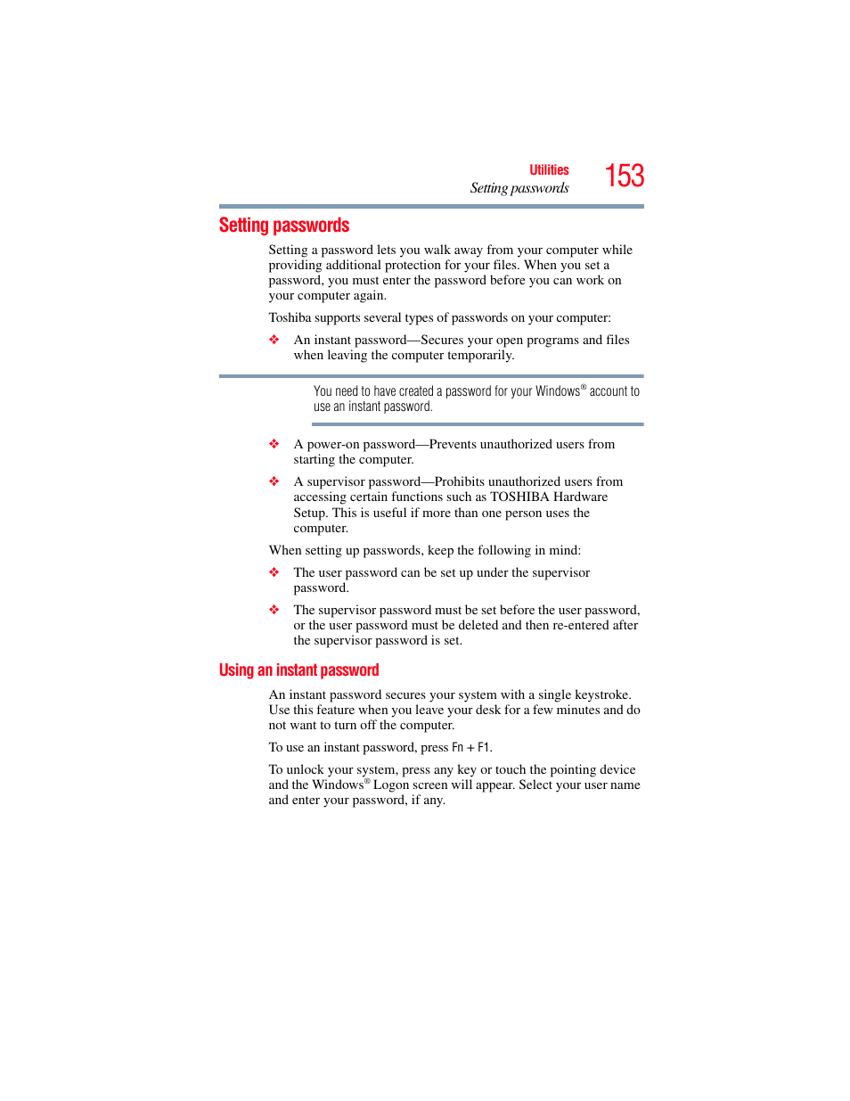 Setting passwords, Using an instant password | Toshiba SATELLITE A500 User Manual | Page 153 / 248