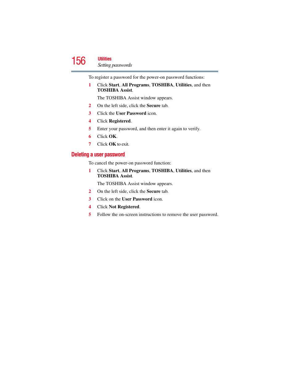 Deleting a user password | Toshiba SATELLITE A500 User Manual | Page 156 / 248