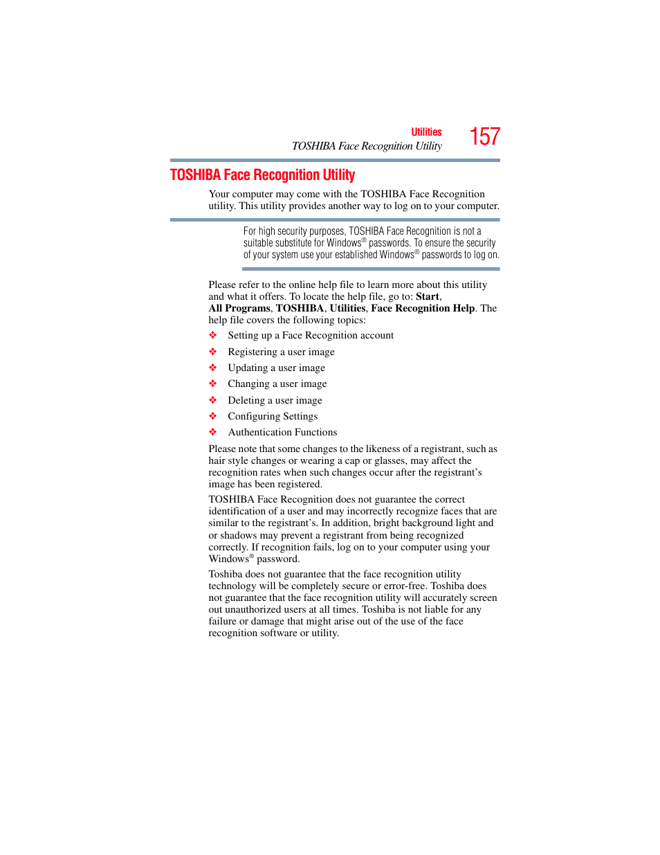 Toshiba face recognition utility | Toshiba SATELLITE A500 User Manual | Page 157 / 248