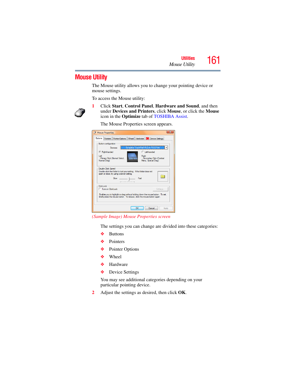 Mouse utility | Toshiba SATELLITE A500 User Manual | Page 161 / 248