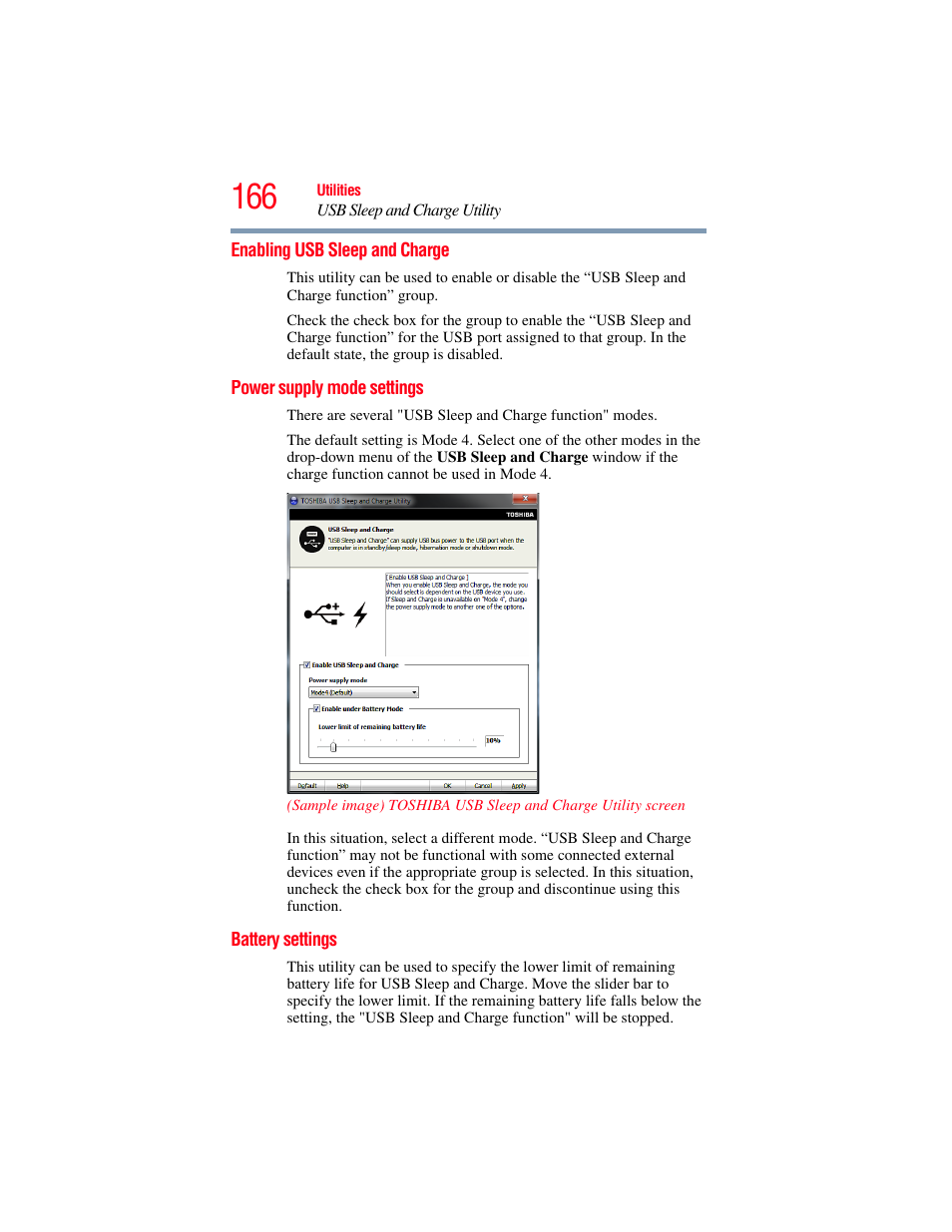 Enabling usb sleep and charge, Power supply mode settings, Battery settings | Toshiba SATELLITE A500 User Manual | Page 166 / 248
