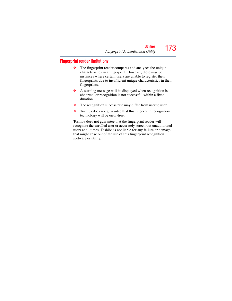 Fingerprint reader limitations | Toshiba SATELLITE A500 User Manual | Page 173 / 248