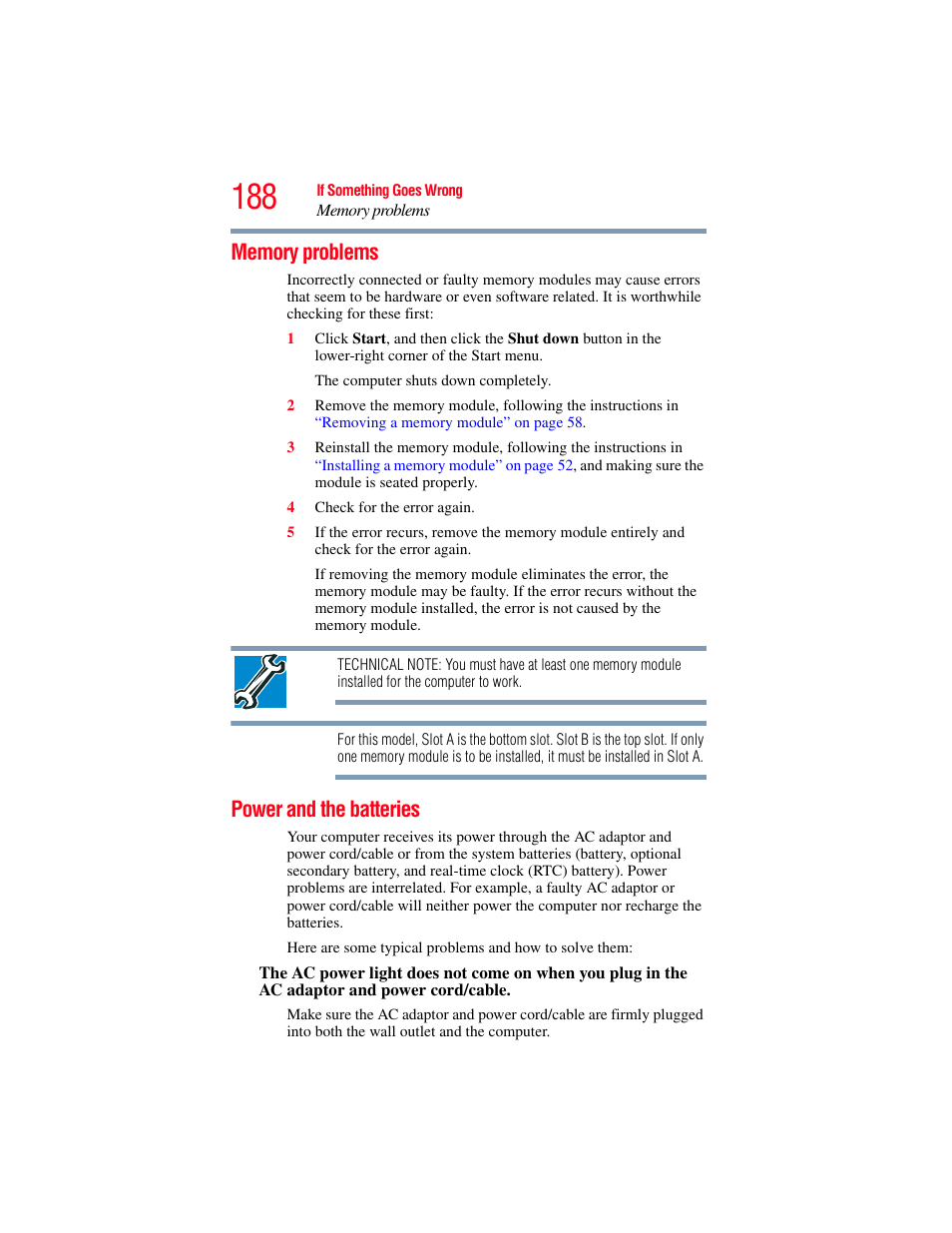 Memory problems, Power and the batteries, Memory problems power and the batteries | Toshiba SATELLITE A500 User Manual | Page 188 / 248