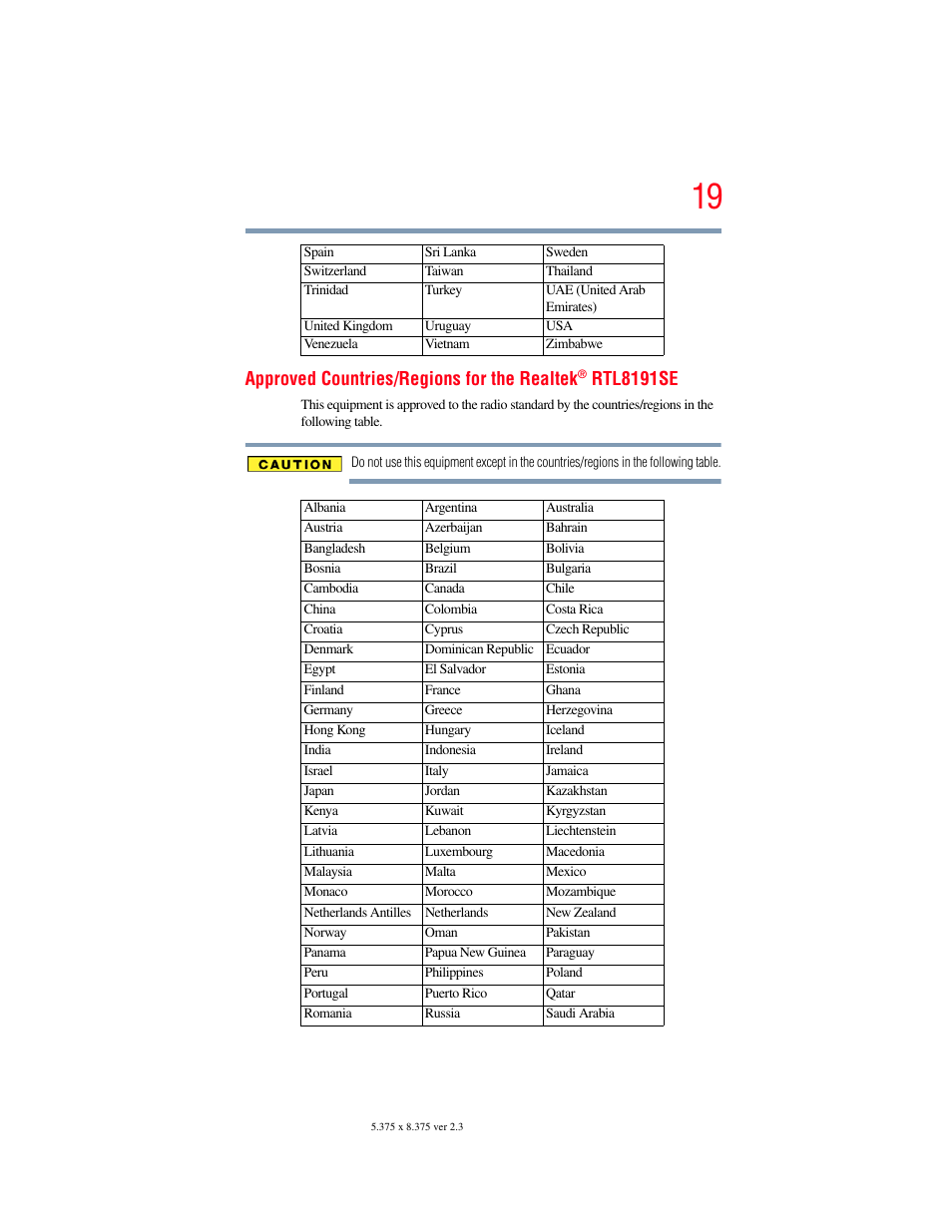 Approved countries/regions for the realtek, Rtl8191se | Toshiba SATELLITE A500 User Manual | Page 19 / 248