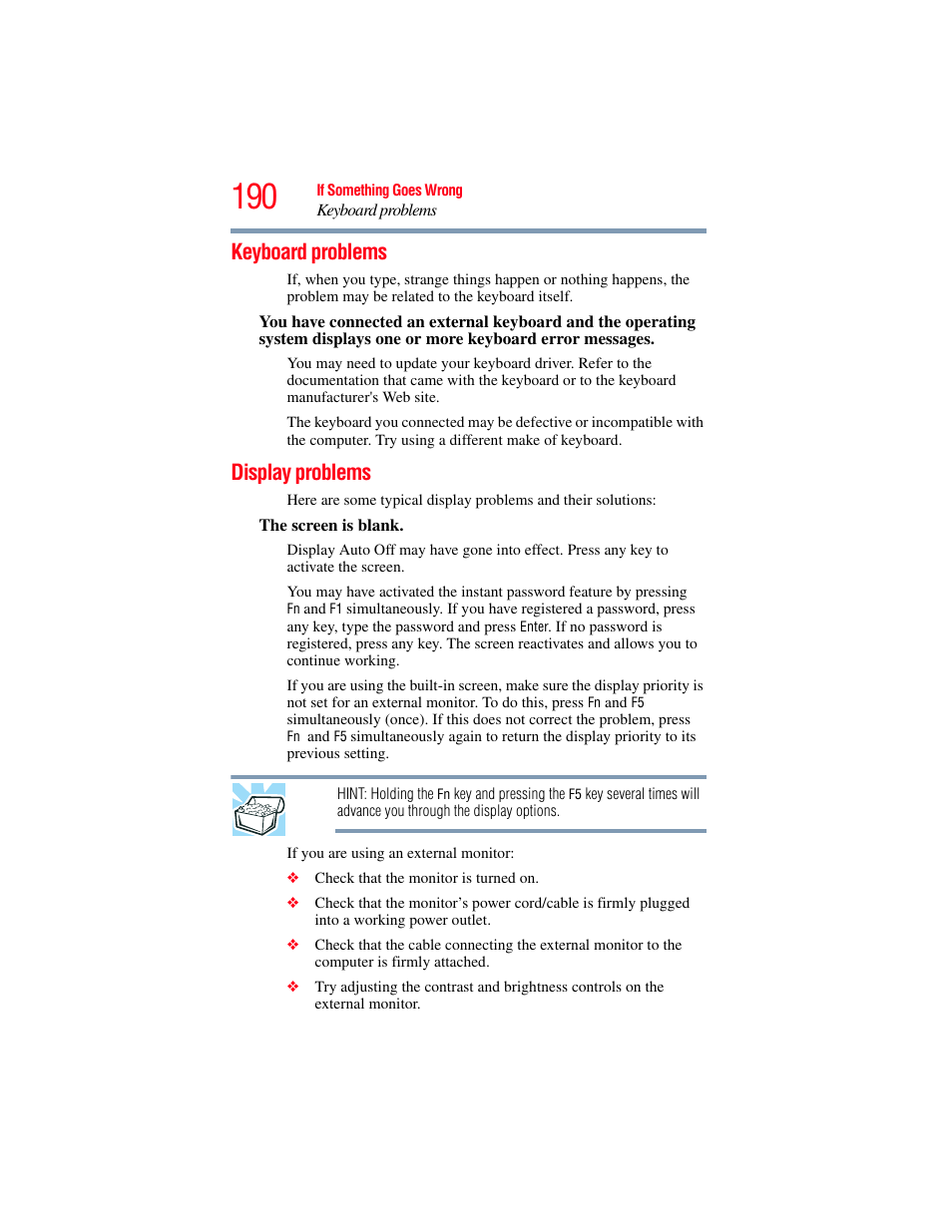 Keyboard problems, Display problems, Keyboard problems display problems | Toshiba SATELLITE A500 User Manual | Page 190 / 248