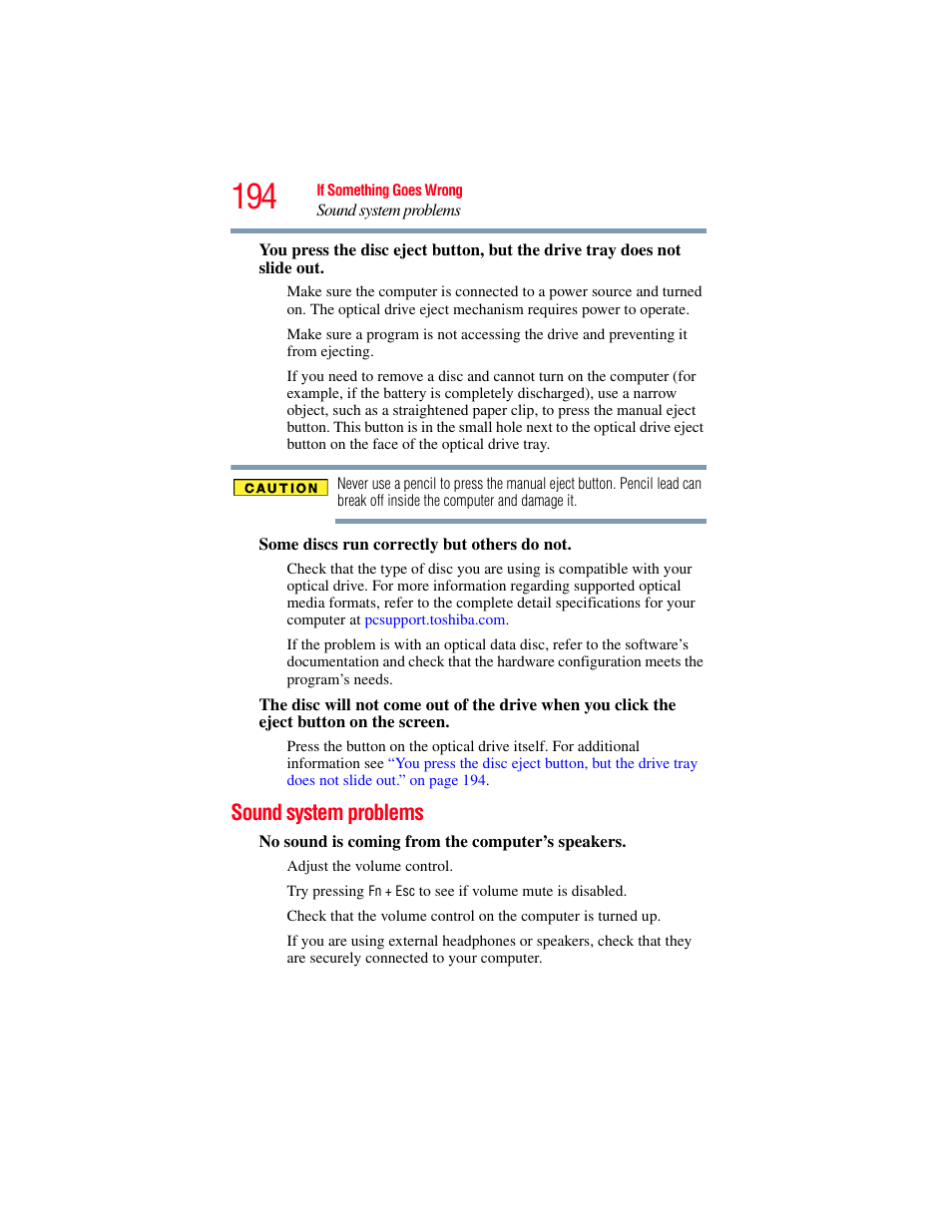 Sound system problems | Toshiba SATELLITE A500 User Manual | Page 194 / 248