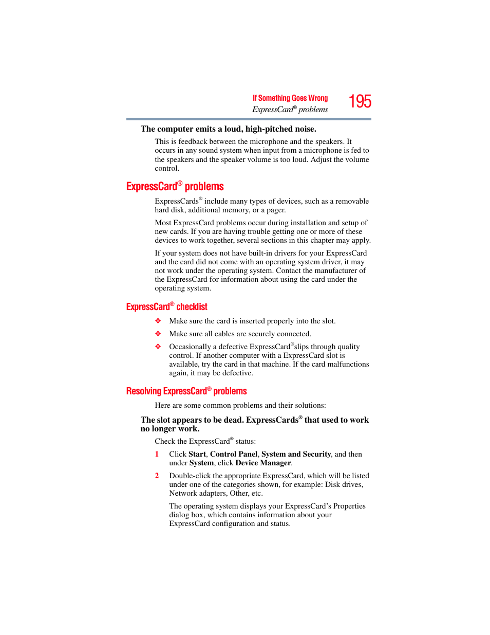 Expresscard® problems, Expresscard® checklist, Resolving expresscard® problems | Expresscard, Problems, Checklist, Resolving expresscard | Toshiba SATELLITE A500 User Manual | Page 195 / 248