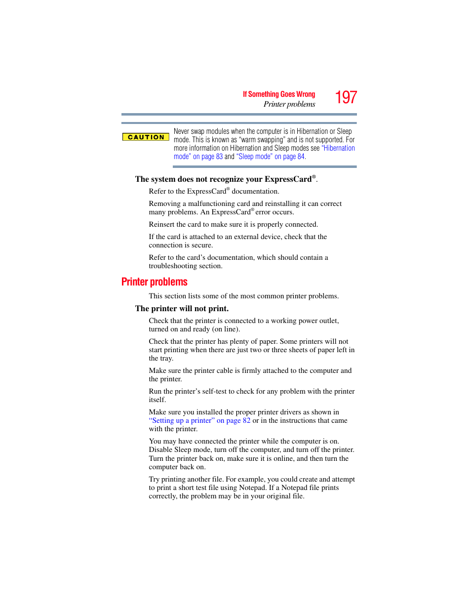 Printer problems | Toshiba SATELLITE A500 User Manual | Page 197 / 248